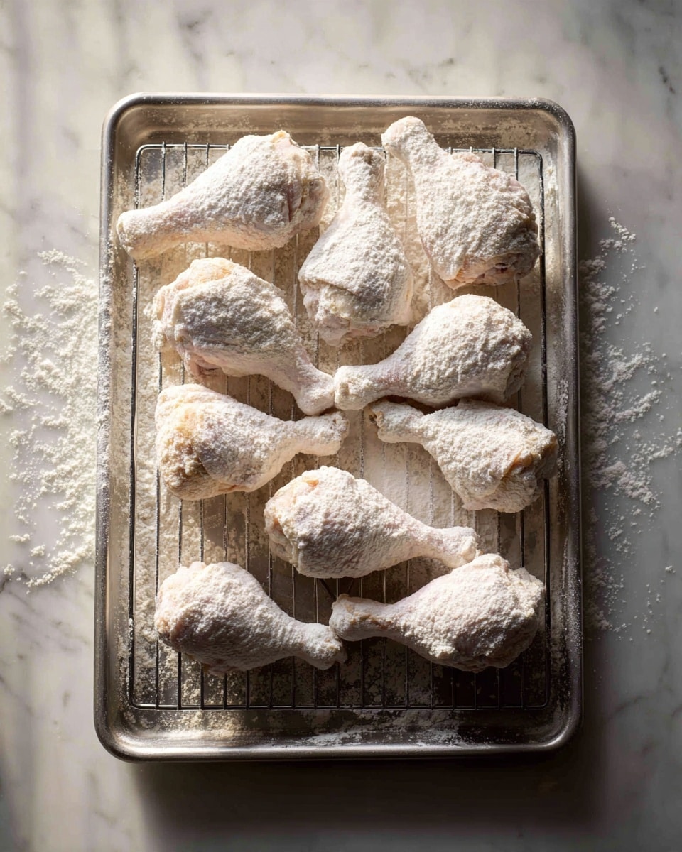 A metal baking tray with a wire rack holds ten raw chicken pieces coated in a thick layer of flour batter. The chicken pieces are a mix of drumsticks and larger cuts, each covered evenly with a pale, powdery white flour coating that shows a rough, textured surface. Some flour is scattered on the tray below the rack, adding to the messy, rustic look. The tray sits on a white marbled surface with soft, natural lighting highlighting the flour texture and slight shadows between the chicken pieces. photo taken with an iphone --ar 4:5 --v 7