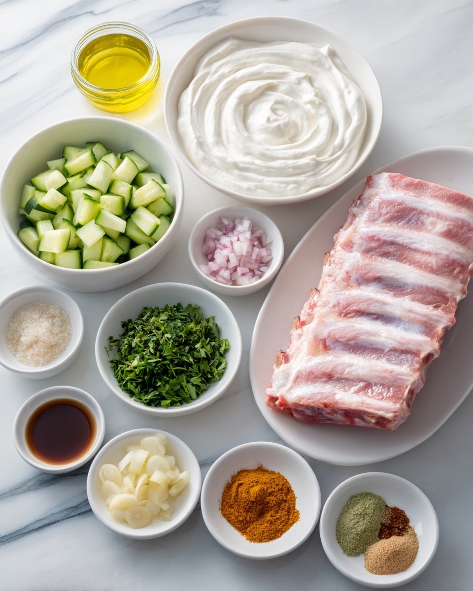 The image shows a white oval plate with a raw rack of ribs, pale pink with white bones and some marbling, positioned in the upper right. Below it is a round white bowl filled with thick white cream, smooth and swirled. To the left is a small white bowl with long diced cucumber, bright green with light green skin. Above it is a small white bowl with finely chopped pale pink shallots. Below the cucumber bowl is a small white bowl with a dark brown sauce. In the center is a white round plate with three piles of chopped green herbs, two darker green and one lighter, plus small mounds of minced garlic, yellow ginger, and a beige paste. To the right of that is a white bowl with five different spices arranged in small piles: a dark orange powder, black pepper, white salt, yellow turmeric, and minced ginger. There is also a small glass with pale yellow oil in the upper left corner. The background is a white marbled texture. photo taken with an iphone --ar 4:5 --v 7