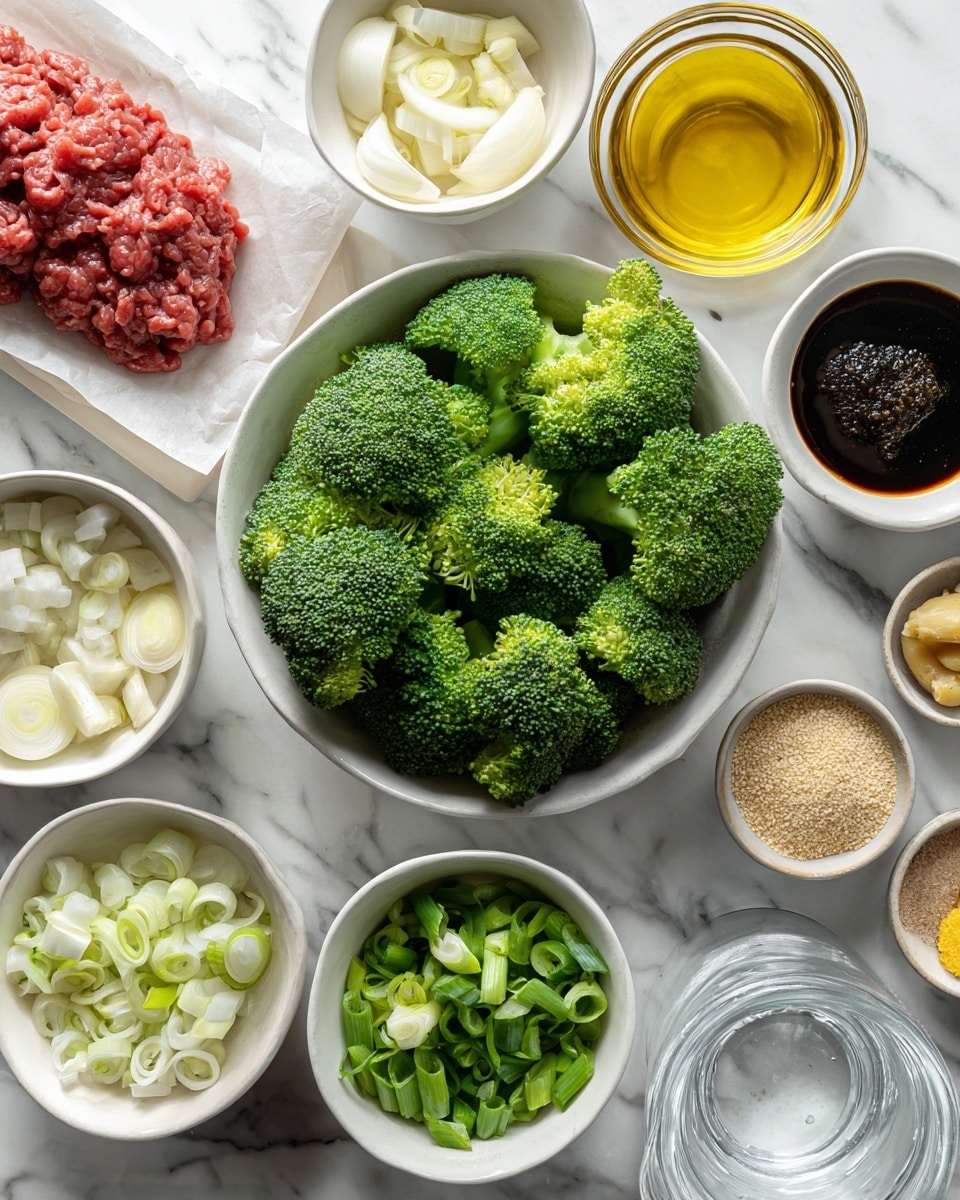 A top-down view of several white bowls and small dishes arranged neatly on a white marbled surface. The largest bowl holds bright green broccoli florets clustered together. Surrounding it are smaller white bowls with chopped white onions, sliced green onions, light brown sugar, golden yellow olive oil, pale yellow sliced garlic, white sesame seeds, and a dark glossy sauce. There is also a small dish with yellow minced ginger, a transparent glass of water, a piece of raw red ground meat on white parchment paper, and a couple of small bowls with light-colored powders and a dark thick paste. The whole setup is clean and organized, ready for cooking preparation. Photo taken with an iphone --ar 4:5 --v 7