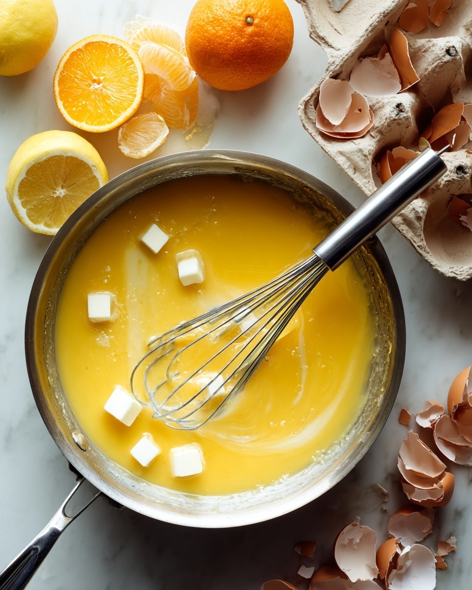 A close-up view of a shiny silver pan filled with a smooth, bright yellow-orange sauce. On top of the sauce, there are small white cubes of butter melting. A silver whisk with a long handle rests inside the pan, partly immersed in the sauce. Around the pan, on a white marbled surface, whole and halved citrus fruits like lemon and orange add bright yellow and orange colors. To the right side, there is a cardboard carton holding broken brown eggshells. The scene is lit naturally, showing soft shadows and highlighting the creamy texture of the sauce photo taken with an iphone --ar 4:5 --v 7
