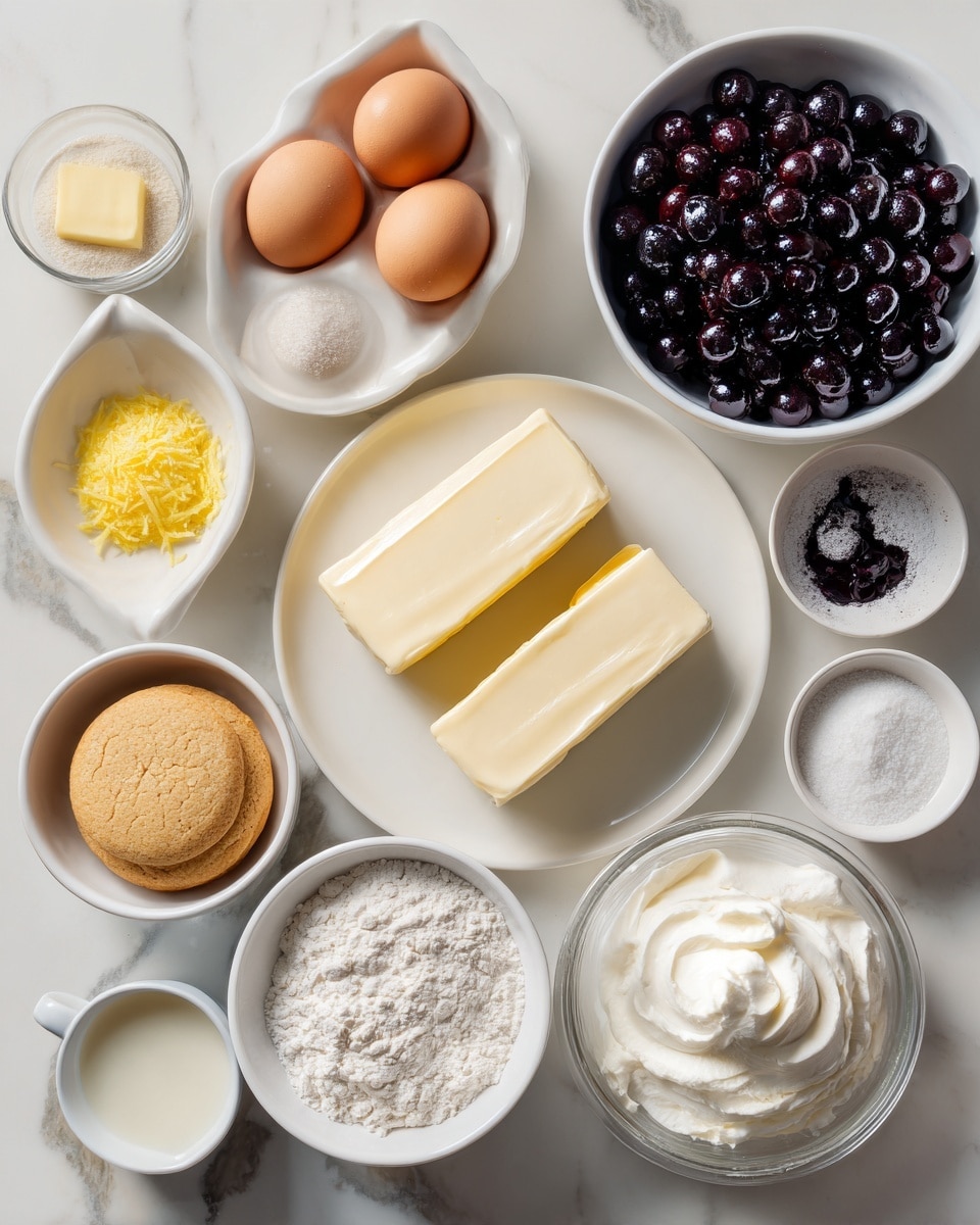 A white bowl filled with many small dark purple berries fills the right side of the image, next to a white dish holding a stick of unsalted butter with a small square slice on the side. In the center is a white plate with two blocks of cream cheese side by side. Around these central items are small white bowls containing a yellow lemon zest, granulated sugar, two brown eggs, white flour, a light yellow liquid, a beige round cookie, a small bowl with salt, vanilla extract in a tiny dish, a clear bowl of white powder, and a white bowl of whipped cream. All items are placed on a white marbled surface. photo taken with an iphone --ar 4:5 --v 7