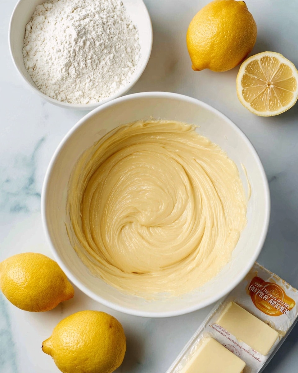 A white mixing bowl filled with a smooth, thick, pale yellow dough swirled gently in the center. Around the bowl, on a white marbled surface, there are two whole bright yellow lemons, one lemon half showing the inside, a stick of unsalted butter in cream and orange packaging, and a white bowl with white powdery flour. The colors mainly include soft yellow from the dough and lemons, white from the bowls, and light blue from the surface. The photo is clear and bright, showing the creamy texture of the dough. photo taken with an iphone --ar 4:5 --v 7