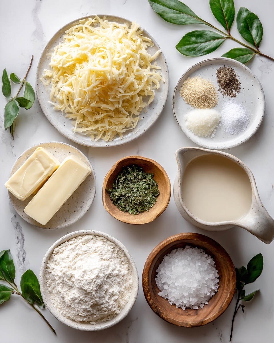 The image shows several cooking ingredients arranged neatly on a white marbled surface. There is a white plate at the top left filled with shredded light yellow cheese. To the right is a beige cream pitcher filled with a pale liquid. Below the pitcher is a white plate holding small piles of white powders and black pepper. Near the center is a small wooden bowl filled with finely chopped green herbs. At the bottom left, a white bowl contains a large amount of white flour. To the left of the wooden bowl is a partly unwrapped stick of pale yellow butter and another stick of butter still wrapped. At the bottom right, there is a small glass container with a light liquid and next to it a small brown bowl filled with coarse salt. Scattered around are fresh green leaves adding a touch of color photo taken with an iphone --ar 4:5 --v 7