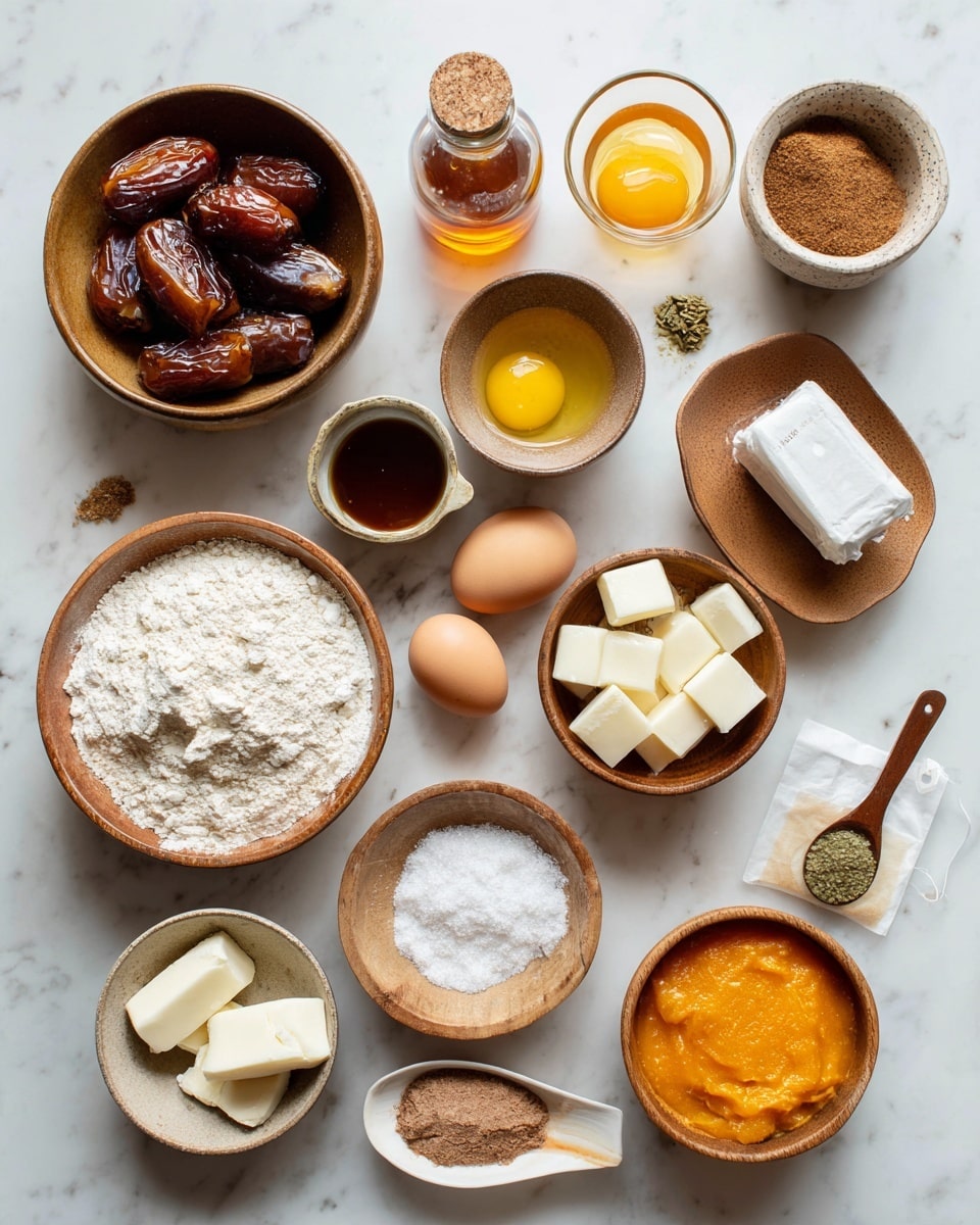 The image shows many small bowls and containers arranged on a white marbled surface, each holding different ingredients for a recipe. At the center top, there is a brown bowl filled with cut dates, surrounded by a glass bottle of amber liquid, a small brown cup, and a wooden bowl of brown sugar. Near the top right are two yellow egg yolks in a small wooden bowl, a bowl with a yellow powder, and a tea bag. Below these are a light brown bowl with dark syrup and a wooden spoon. Toward the bottom right is a wooden bowl filled with bright orange puree, next to a small white bowl of butter cubes. On the bottom left, a large wooden bowl holds white flour, with a bowl of brown sugar and a glass of cream nearby. There is also a small bowl with white powder and a teaspoon of brown spice and another small bowl with a light green paste. A white rectangular wrapped slab cut into pieces lies near the flour bowl. The overall look is warm with natural textures and a clean bright marble surface. photo taken with an iphone --ar 4:5 --v 7