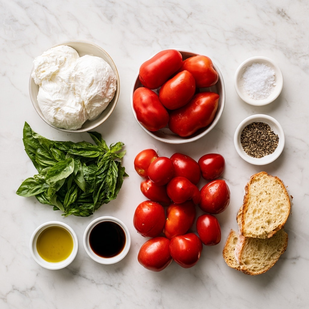 The image shows a close-up of fresh food ingredients arranged on a surface with a white marbled texture. The main focus is a black bowl filled with a smooth, round, white ball of soft cheese sitting in clear liquid. Above it, part of a white bowl contains bright red, halved cherry tomatoes with a glossy texture. To the right, a portion of a white bowl with light green-yellow olive oil is visible. Green leafy herbs, including basil and parsley, are placed in the bottom left and lower edges of the image, adding fresh green color and texture. The arrangement has a fresh and clean look. photo taken with an iphone --ar 4:5 --v 7