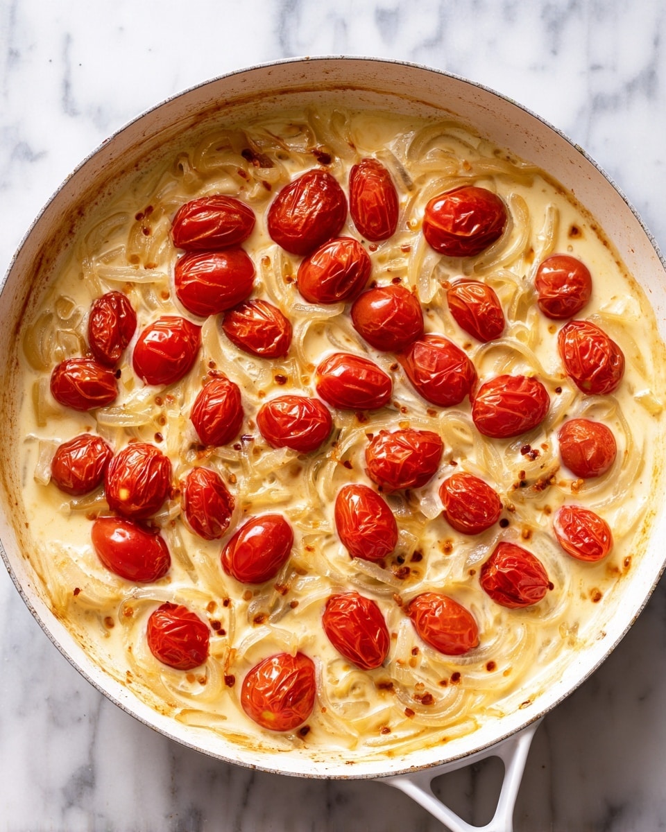 The image shows a white pan filled with a creamy, pale yellow sauce mixed with thin, translucent onion slices scattered throughout. On top of the sauce, there is a layer of bright red grape tomatoes evenly spread, some whole and some slightly wrinkled, giving a fresh and juicy look. The edges of the pan have slight brown marks from cooking. The overall dish looks warm and rich, sitting on a white marbled surface. photo taken with an iphone --ar 4:5 --v 7