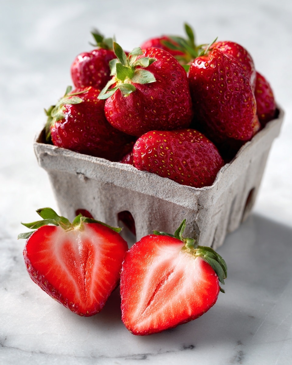 A small gray cardboard basket filled with bright red strawberries with green tops sits on a white marbled surface. In front of the basket, two large strawberries are cut in half, showing their deep red juicy inside with a smooth texture and small seeds on the surface. The light shines softly, making the strawberries look fresh and shiny. Photo taken with an iphone --ar 4:5 --v 7