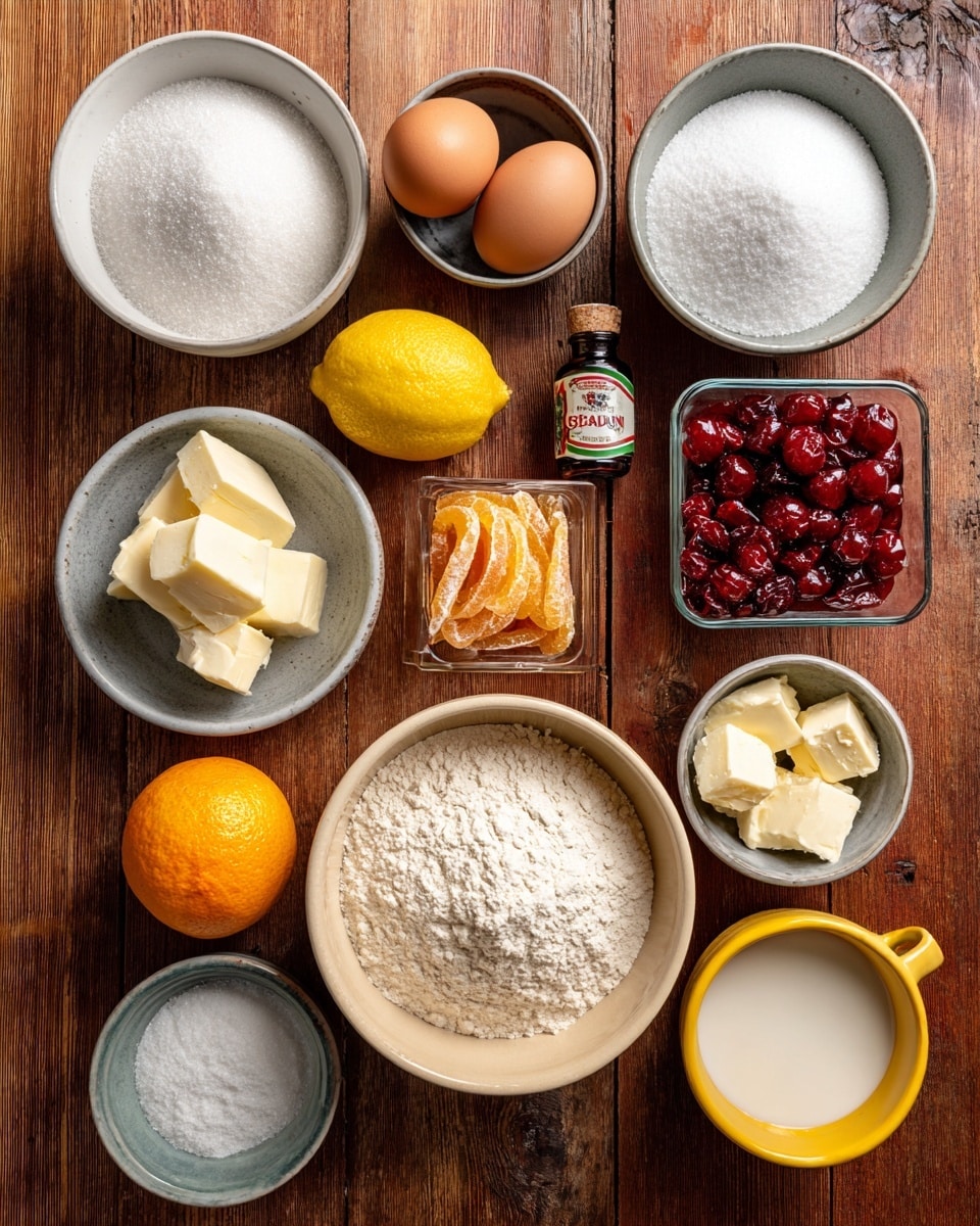 Various baking ingredients are arranged neatly on a wooden surface. At the top left, there is a white bowl filled with white pearl sugar. Below it, a white bowl holds two brown eggs. To the right, a gray bowl contains white granulated sugar. Below this, a large beige bowl is filled with a light beige flour mixture. Near the center, a lemon and a small orange sit next to a small bottle of vanilla extract. To the right of the bottle, there is a clear container with orange peel strips coated in sugar and above it, a clear square container filled with shiny red candied cherries. Left of the lemon, a gray bowl holds cubed butter. Below to the far right, a small gray bowl has dry yeast. Finally, at the bottom right corner, a yellow cup is filled with a white liquid. photo taken with an iphone --ar 4:5 --v 7