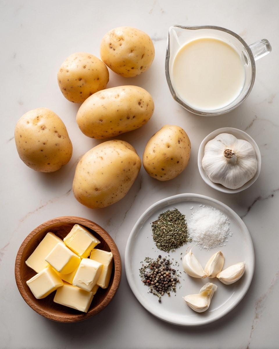 The image shows a group of nine light brown potatoes with smooth skin scattered on a white marbled surface. To the top right, there is a clear glass measuring cup filled with a pale creamy liquid. Next to this, a small white bowl holds four square pieces of pale yellow butter. On the bottom left, a wooden bowl contains a smooth, white creamy substance. A white plate sits on the right side of the image, holding several piles of dried green herbs, three peeled garlic cloves, a small mound of black pepper, and a small pile of coarse white salt. photo taken with an iphone --ar 4:5 --v 7