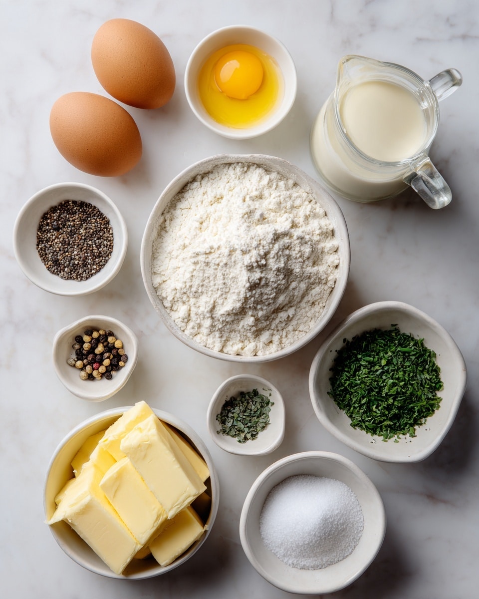 The image shows several small white bowls arranged on a white marbled surface, each one holding a different ingredient. In the center, a bowl filled with white flour has a soft, powdery texture. To the left, three white bowls hold two brown eggs, smooth yellow mustard, and a mix of black and white peppercorns. Below these, a white bowl contains three pale yellow blocks of butter with a soft texture. On the right side, three white bowls hold finely chopped green herbs, a mound of white salt, and a clear glass pitcher filled with a creamy white liquid. The colors are soft and natural, with the white marbled surface and white bowls making the ingredients stand out. photo taken with an iphone --ar 4:5 --v 7