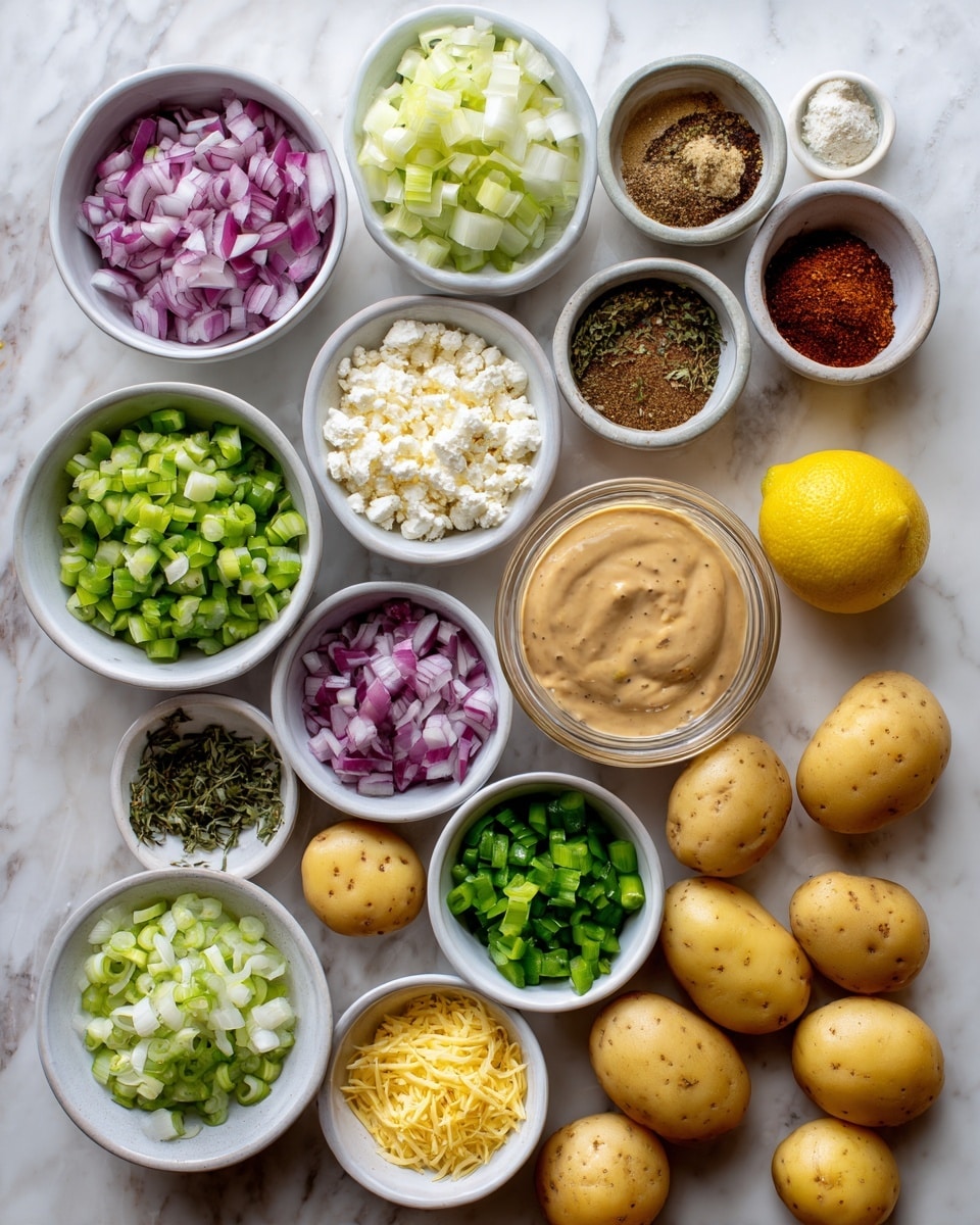 The image shows an arrangement of fresh ingredients on a white marbled surface. There are about sixteen small white bowls, each with different ingredients: chopped red onions, chopped green celery, chopped green onions, crumbled white cheese, chopped pickles, finely chopped herbs, ground spices in brown and red shades, creamy white sauce, a glass bowl with a light brown creamy mixture, lemon zest, and salt. A whole yellow lemon sits on the surface. Around the bowls and ingredients are about fifteen small to medium yellow potatoes scattered loosely. The photo is bright and clear, highlighting the fresh textures and colors of the ingredients. photo taken with an iphone --ar 4:5 --v 7