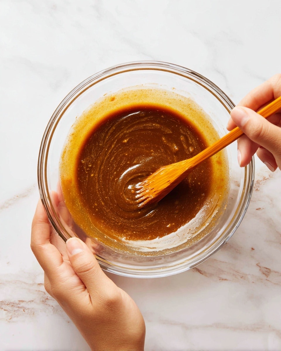 A close-up photo shows a clear glass bowl with a brown sauce being mixed inside. The sauce has a smooth and slightly thick texture. A woman's hand holds the side of the bowl while the other woman's hand stirs the sauce with an orange wooden chopstick. The background has a white marbled texture. photo taken with an iphone --ar 4:5 --v 7