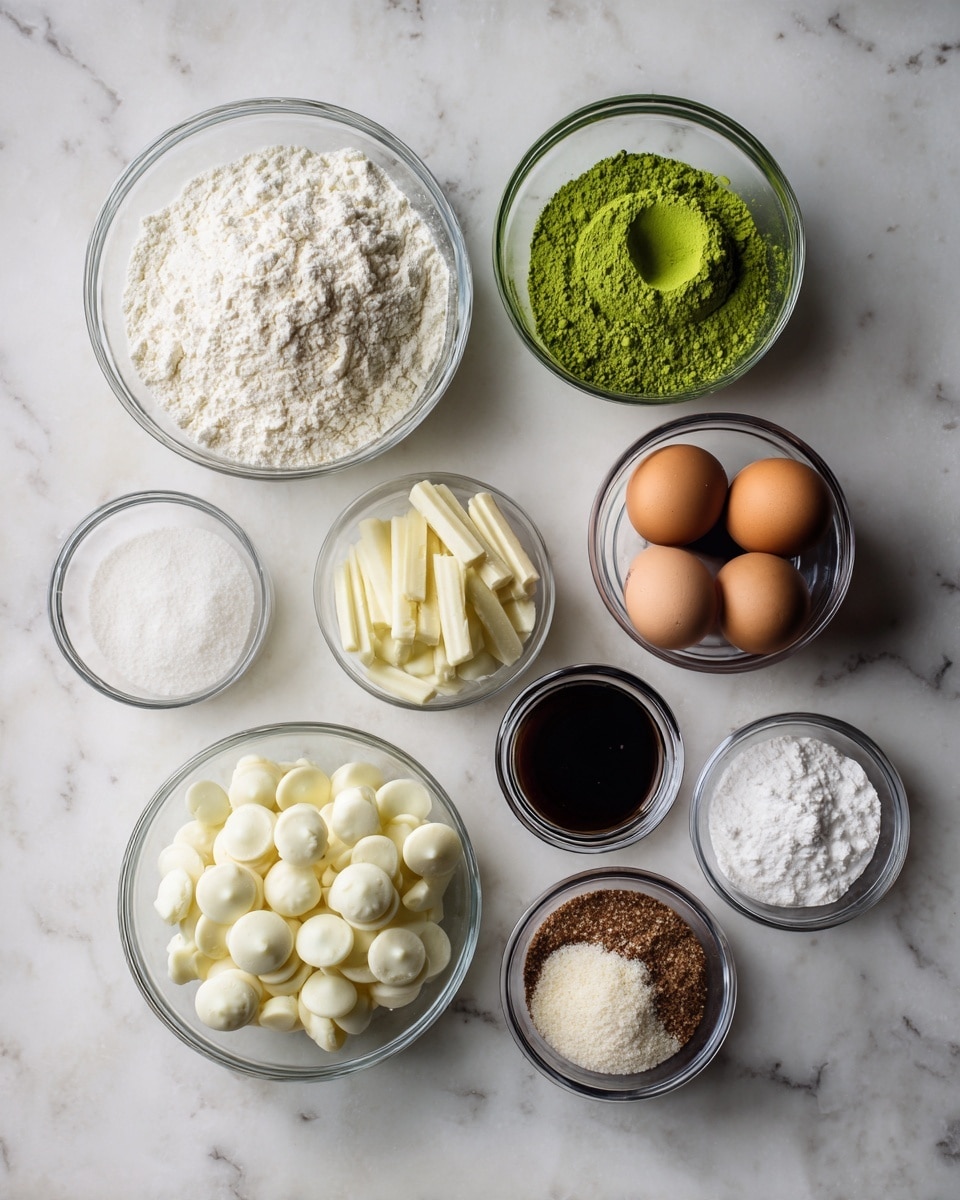 The image shows eight clear glass bowls arranged on a white marbled surface, each with different baking ingredients. The largest bowl on the left holds a heap of white flour with a small dip in the center. Above it in a smaller bowl is bright green matcha powder, and to the right of the matcha is three brown eggs in another small bowl. Below the eggs is a tiny bowl with a dark liquid, likely vanilla. In the middle, there is a bowl filled with pale yellow butter sticks positioned next to two very small bowls containing white powders, probably baking soda and salt. On the bottom left is a bowl with many small white chocolate discs, and on the bottom right, a larger bowl contains a mix of white granulated sugar and brown sugar. All bowls are clear glass, and the photo is taken with an iphone --ar 4:5 --v 7