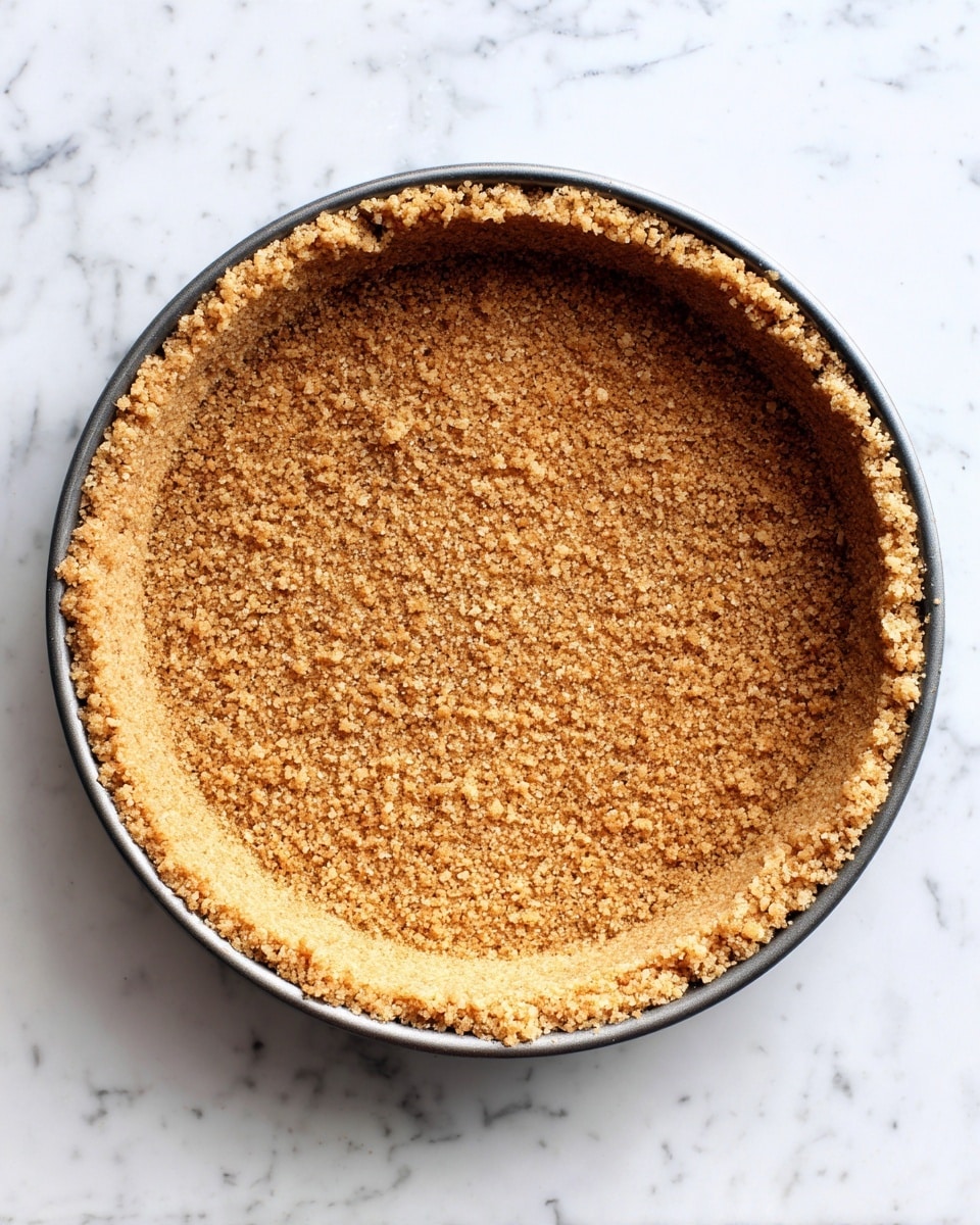 A single round layer of light brown crumb crust pressed evenly into the bottom and sides of a metal pie pan. The crust has a grainy texture with small crumbs visible throughout. The metal pan edges are silver, and the background is a white marbled surface. photo taken with an iphone --ar 4:5 --v 7