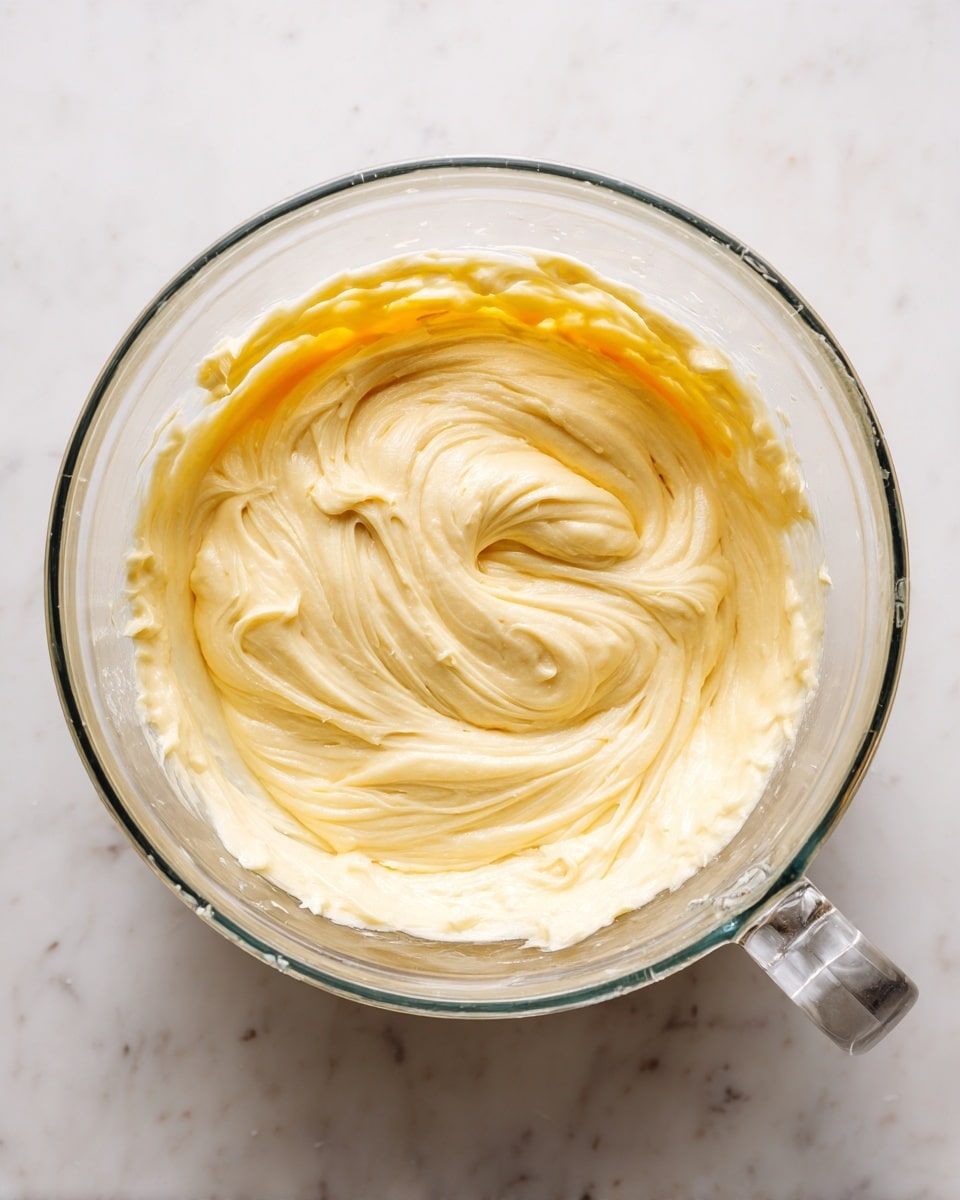 The image shows a clear glass mixing bowl filled with creamy, pale yellow batter. The batter has a smooth, thick texture with swirled patterns on top, created by stirring or mixing. The bowl is placed on a white marbled surface, and the wide handle of the bowl is visible on the right side. The batter covers the bottom and sides of the bowl evenly, with slight peaks and ridges from folding. Photo taken with an iphone --ar 4:5 --v 7