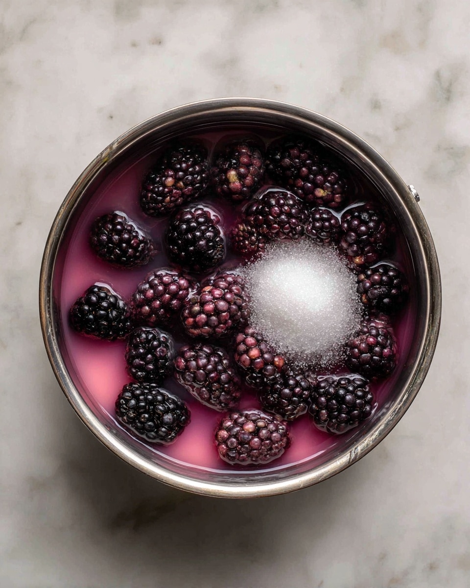 A stainless steel pot filled with dark purple and black blackberries soaked in a pinkish liquid, with a small pile of white sugar sitting on top of the berries in the center of the pot, all shown from above on a white marbled surface photo taken with an iphone --ar 4:5 --v 7