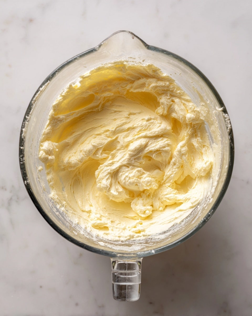 A clear glass bowl filled with a creamy, light yellow mixture that has a soft and fluffy texture with small uneven peaks and a slightly grainy surface. The bowl sits on a white marbled surface, with a visible handle on the right side and a spout on the left top edge, showing the mix's thickness clearly inside the bowl. photo taken with an iphone --ar 4:5 --v 7