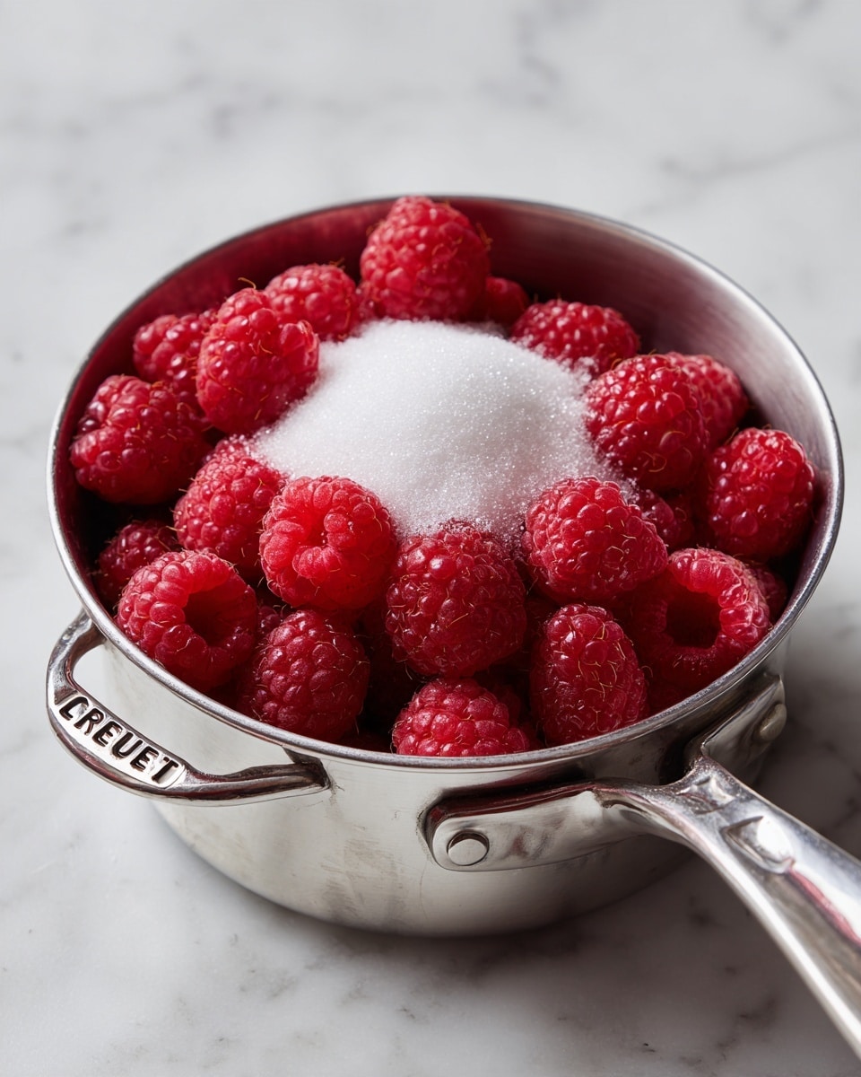 A shiny silver metal pot holds a layer of bright red raspberries topped with a small heap of white sugar in the center. The raspberries are fresh and plump, filling the pot almost to the top, creating a mix of smooth and bumpy textures. The handle of the pot extends downward, engraved with the brand name