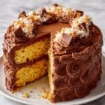 Vanilla Coconut Cake with Chocolate Frosting and Bounty Bar Garnish Recipe