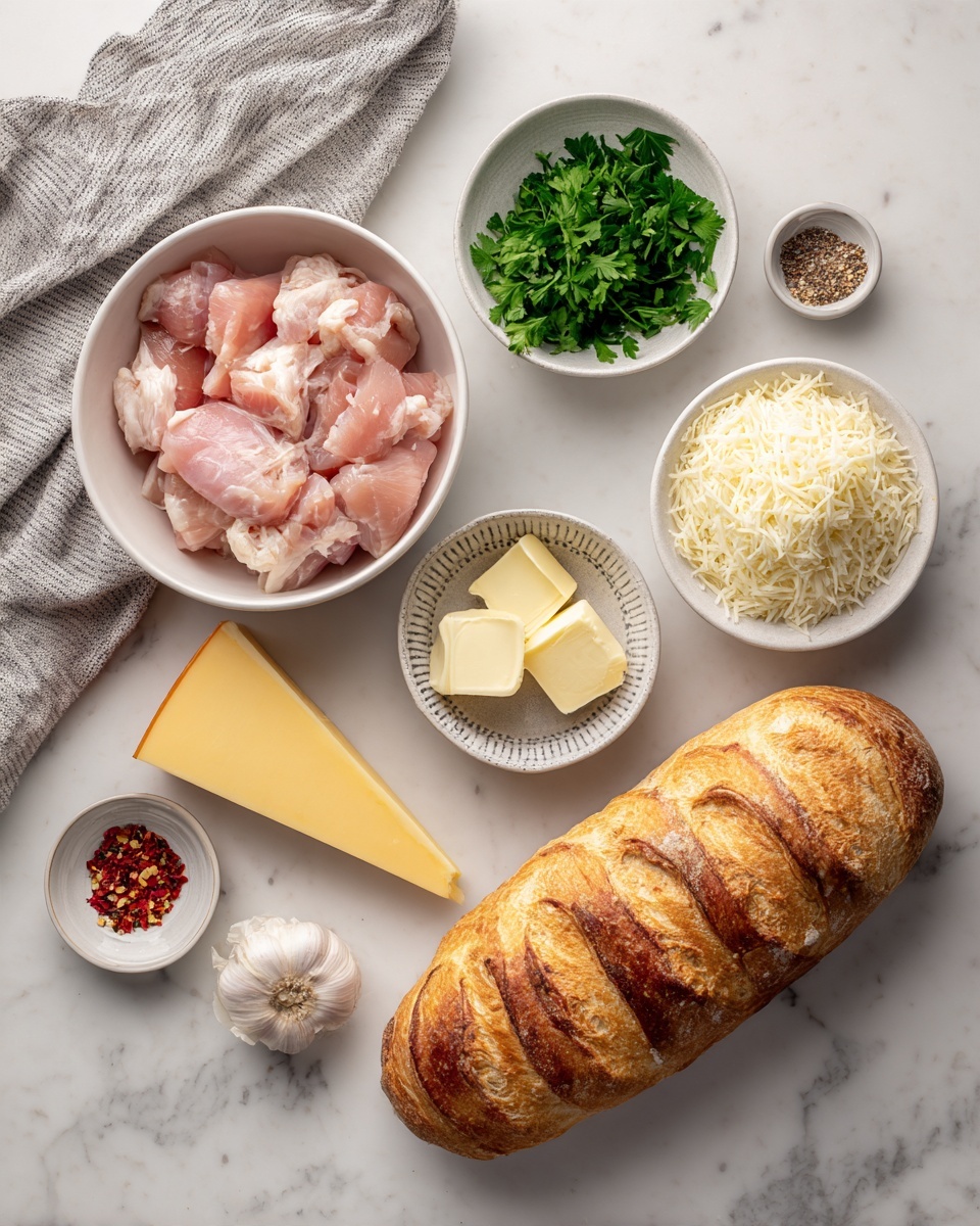 The image shows several cooking ingredients laid out on a white marbled surface. On the top left is a white bowl filled with pink raw chicken pieces, below it is a small white bowl with green fresh parsley leaves, and to its right is a white bowl filled with finely shredded white cheese. Below the parsley bowl is a small striped bowl containing minced or grated garlic, and next to it is a small white bowl with three slices of butter. At the bottom left is a long wedge of yellow cheese placed directly on the surface. The right side of the image has a large golden brown crusty loaf of bread with deep slashes on the top. Near the bottom right corner, there are two tiny bowls – one holding some salt and pepper mix and the other with crushed red chili flakes. A gray and white striped cloth is partially visible on the top left corner. Photo taken with an iphone --ar 4:5 --v 7