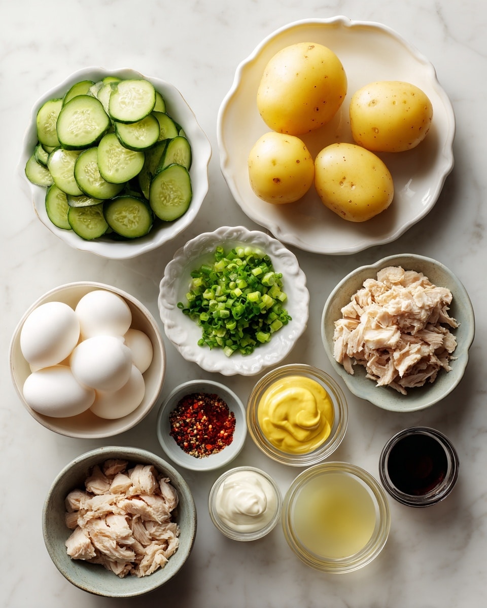 A flat lay of various ingredients arranged neatly on a white marbled surface. At the top center is a white plate holding three yellow boiled potatoes of different sizes with a smooth texture. Below to the left is a white bowl filled with bright green, thinly sliced cucumber rounds. To its right is a smaller white scalloped bowl with finely chopped green onions. Next to it, in a small clear glass bowl, is a dollop of white creamy mayonnaise. Moving downward, there is a small beige bowl with chopped cooked chicken pieces that have a light brown, cooked texture. To its right, a small clear bowl holds bright yellow mustard. Further right is another clear bowl with pale yellow vinegar. Below these, a white bowl contains three smooth, peeled hard-boiled eggs. To the left of these eggs is a small dark bowl holding a mix of salt, pepper, and red chili flakes. Finally, to the right of the eggs, there is a small gray bowl filled with white milk. Soft shadows fall behind the bowls creating depth, photo taken with an iphone --ar 4:5 --v 7