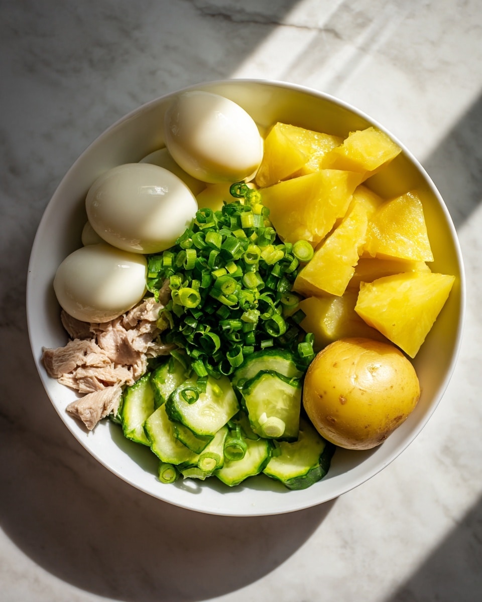 A white bowl holds six different sections of food arranged neatly: three peeled, smooth, white boiled eggs on the left, bright green chopped scallions on top in the center, two large yellow chunks of boiled plantain beside the scallions, a whole light yellow boiled potato on the right, bright green fresh cucumber slices below the potato, and pale, finely chopped cooked meat below the eggs and cucumbers. The bowl is set on a white marbled surface with shadows casting softly around it. The lighting is bright and natural, highlighting the fresh colors and smooth textures of the ingredients photo taken with an iphone --ar 4:5 --v 7