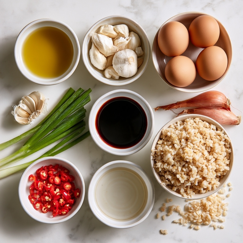 A black pan is shown from above in four steps of cooking: first, there is a single layer of small, light purple and white chopped onions scattered across the pan with a shiny, lightly oily texture; second, scrambled eggs with a soft, fluffy texture and light yellow color mixed with bits of onion cover the pan unevenly; third, a base layer of cooked white rice is spread evenly in the pan, with a small pool of bright red chili sauce on top and some scrambled egg pieces mixed in; fourth, the same rice layer remains, topped with chopped green herbs and a sprinkle of white granulated salt or sugar, adding fresh green and white colors on the right side. The pan is on a white marbled surface and red chili peppers are scattered nearby. photo taken with an iphone --ar 4:5 --v 7