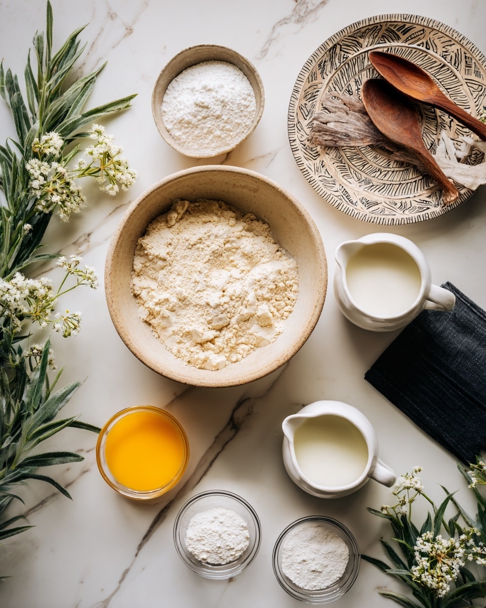 Top view of a cooking setup on a white marbled surface showing six containers with ingredients. In the center, a large bowl holds light beige flour with a rough texture. Above it to the left, a smaller bowl contains white powder, smooth and fine. To the right of the flour bowl, there are two small white handled pitchers: the top one filled with thick white liquid, and below it a smaller pitcher with golden yellow liquid. Below the flour bowl, three small glass bowls hold fine white powders arranged in a triangle. Left and right edges of the frame are decorated with green plants with small white flowers. In the top right corner, part of a large beige patterned plate with dark wooden spoons and a black napkin is visible. Photo taken with an iphone --ar 4:5 --v 7