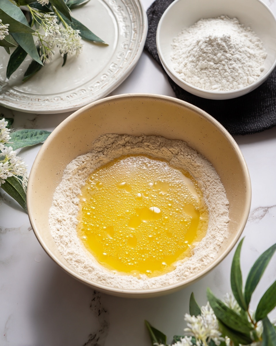 The image shows a large beige mixing bowl filled with an outer layer of light tan flour and a center pool of yellow beaten eggs with bubbles on top, positioned in the middle of the bowl. Behind the bowl, there is a smaller white bowl filled with fine white powder, likely flour or sugar. The scene is set on a white marbled surface with a partially visible white plate with embossed details and black cloth to the top right. In the foreground and left side, some green leafy plants and white flowers slightly blur into view, adding a natural touch. Photo taken with an iphone --ar 4:5 --v 7