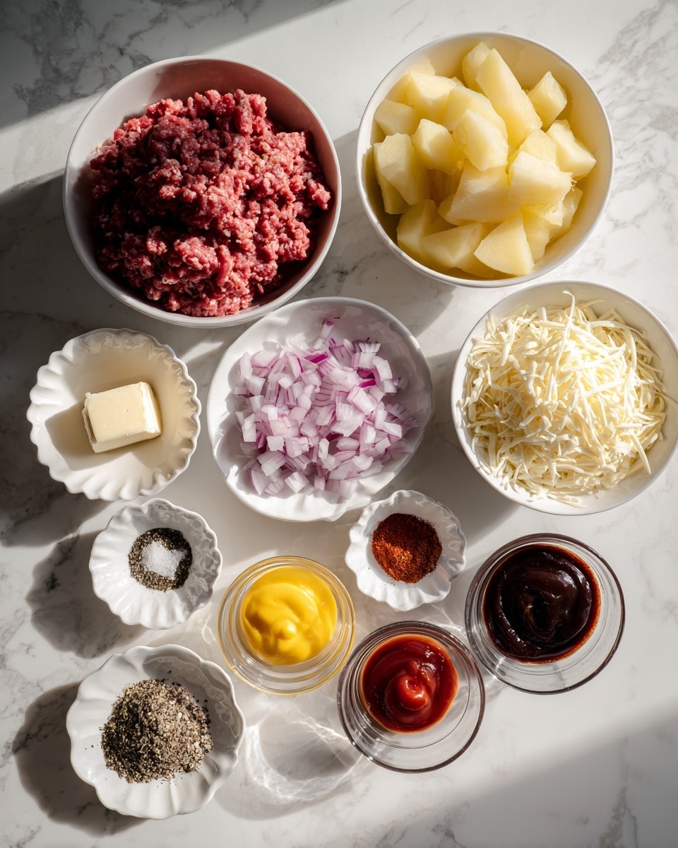 A flat lay of cooking ingredients on a white marbled surface, featuring ten small white bowls arranged in a loose circle. At the top left is a bowl filled with red and pink raw ground meat with a slightly coarse texture. To its right is a bowl holding pale yellow diced potatoes with a smooth, soft appearance. Moving clockwise, a bowl of white shredded cheese is shown with fine, soft strands. Below it, a bowl holds a mix of salt and black pepper, creating a speckled texture. Next is a very small bowl with a small chunk of pale yellow butter. Nearby, finely chopped purple onions fill another bowl. Above it is a white scalloped dish with two piles of red spices. Near the center, small clear bowls contain dark soy sauce, bright yellow smooth mustard, and glossy red ketchup. Another small bowl holds a thick dark red sauce with a shiny surface. The lighting is bright and natural, casting soft shadows. photo taken with an iphone --ar 4:5 --v 7
