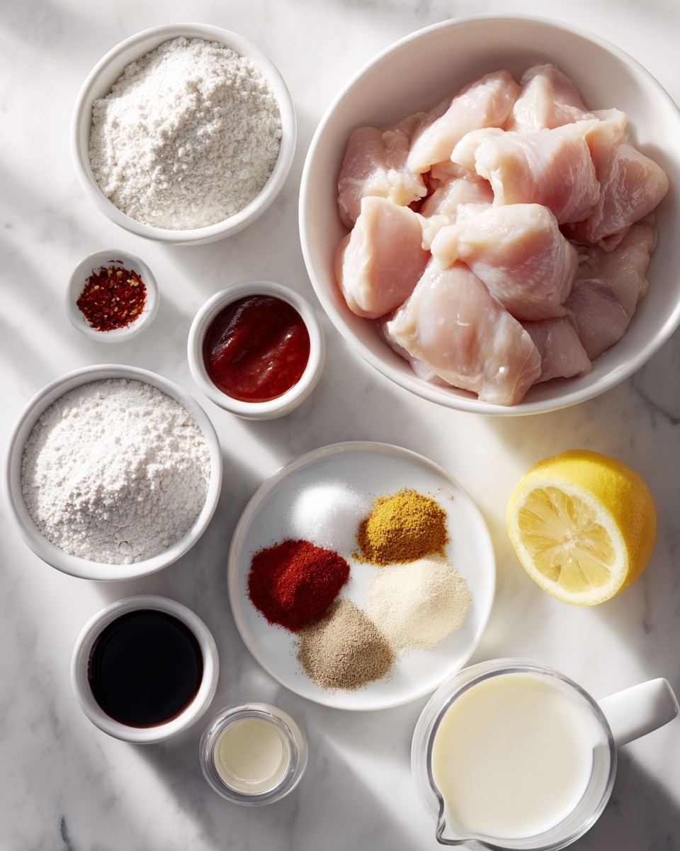 The image shows several ingredients neatly arranged on a white marbled surface. At the top center, there is a white bowl filled with raw pale pink chicken pieces. To the right of this bowl, there is a halved lemon with a bright yellow color. Below, a small white round plate holds five different spices in separate piles, including red, white, beige, and brown powders. Around the center, there are small dishes with dark red sauce, black liquid, and a bright red paste. On the left side, there are two white bowls filled with white powder, likely flour and cornstarch. At the bottom right, a white measuring cup contains a white liquid, likely milk. The composition is clean and bright with soft shadows, all placed on the white marbled surface. Photo taken with an iphone --ar 4:5 --v 7