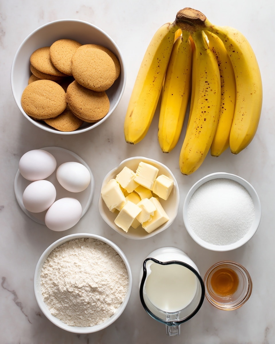 The image shows a flat lay of baking ingredients arranged on a white marbled surface. At the top right, there is a bunch of four bright yellow bananas with small brown spots. Below the bananas, there are four white eggs in a loose grouping. To the left of the eggs, there is a white bowl filled with several golden brown round cookies stacked loosely. Below the bowl of cookies, there is a smaller white bowl filled with white granulated sugar. To the right of the sugar, a white measuring jug with a black rim is filled with milk, almost to the top. Next to the jug, there is a small white dish holding several small chunks of light yellow butter. Below the butter dish is a small clear glass container holding a small amount of amber-colored liquid, likely vanilla extract. To the right of the sugar bowl and below the milk jug, there is a small bowl filled with white flour. All items are neatly arranged and brightly lit, capturing clear textures and colors. Photo taken with an iphone --ar 4:5 --v 7