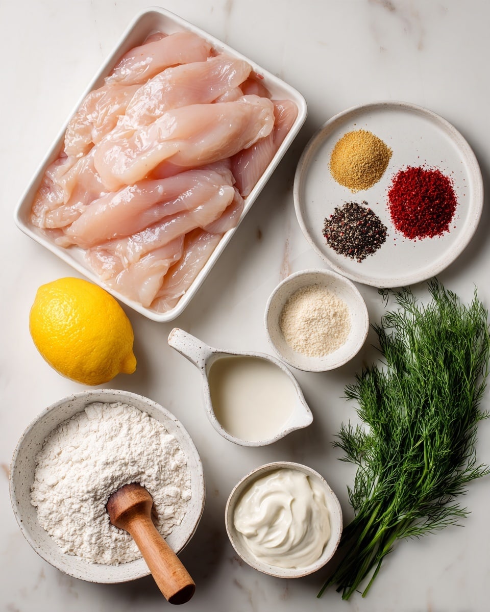 The image shows several layers of raw chicken strips, pale pink and shiny, laid flat and overlapping inside a white tray positioned on the left side. To the right, two white round plates are placed one above the other; both have small piles of colorful spices including red, black, and beige powders. Below the plates, a white measuring cup filled almost to the top with milk sits beside a smaller white bowl with a similar white liquid. At the bottom left, a wooden handle measuring cup holds white flour and is placed beside a fresh yellow lemon. Near the lemon, there is a small white bowl filled with thick white cream, and above it another small white bowl with white sour cream or mayonnaise. For a natural touch, a bunch of green fresh dill lies diagonally beside the lemon and flour. All items rest on a white marbled surface. Photo taken with an iphone --ar 4:5 --v 7