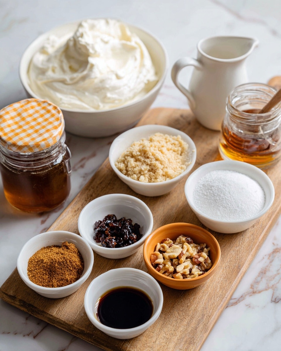 The image shows several small white bowls on a wooden board, placed on a white marbled surface. There is a large bowl filled with thick white cream or cheese at the back left, beside a jar of brown syrup with an orange checkered lid. In front, there are smaller white bowls containing light brown crumbly sugar, dark chopped nuts, and white powder. Two tiny white bowls hold dark and clear liquids, while a small orange bowl contains a mix of brown and dark brown spices. A small white pitcher sits behind the bowls on the right side. The scene is well-lit and focused from above. photo taken with an iphone --ar 4:5 --v 7