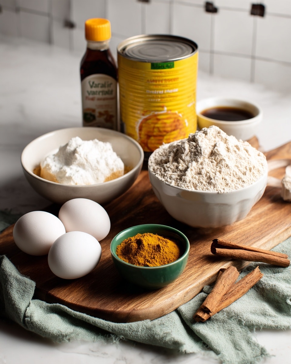 A wooden board holds several ingredients arranged neatly on a white marbled surface with a black tiled background. At the center is a large yellow and orange can of pumpkin puree. To the left is a white bowl with some solid white substance, behind it a bottle of vanilla flavoring stands. In front of the can sits a small green bowl filled with ground spices, likely cinnamon or nutmeg. Two white eggs are placed side by side near a green bowl holding dark brown liquid. On the right edge is a white bowl filled with flour. A light green cloth is laid beneath some of the items for texture. Photo taken with an iphone --ar 4:5 --v 7