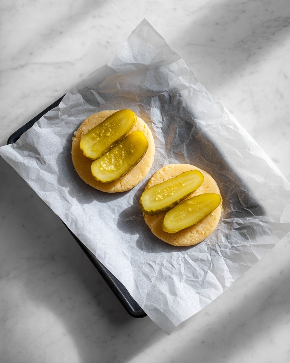 The image shows two small round dough circles laid flat on a piece of crinkled white parchment paper on a black baking tray. Each circle has two long, yellow pickle slices placed side by side horizontally in the center, with the top pickle pieces having a slight shine from moisture. The background is a white marbled surface with soft shadows falling from the tray, giving a bright and clean look. photo taken with an iphone --ar 4:5 --v 7
