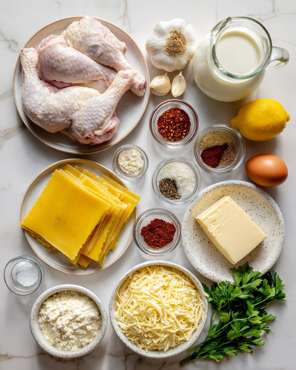The image shows raw ingredients neatly arranged on a white marbled surface. At the top left, two large pieces of raw chicken sit on a white plate, below which are four rectangular yellow sheets of dry pasta. To the right, small glass bowls hold various spices, including a mix of red, white, and brown powders on a small white plate. A brown egg lies near the center with peeled garlic cloves on a white speckled dish above it. There is a glass jug filled with white cream at the upper right, with a whole yellow lemon next to a bowl of pale yellow butter. Fresh green parsley is placed near two white bowls filled with shredded cheese and a grated pale yellow cheese. A small tub of white creamy cheese is at the bottom left, with salt and ground black pepper in tiny glass containers nearby. photo taken with an iphone --ar 4:5 --v 7