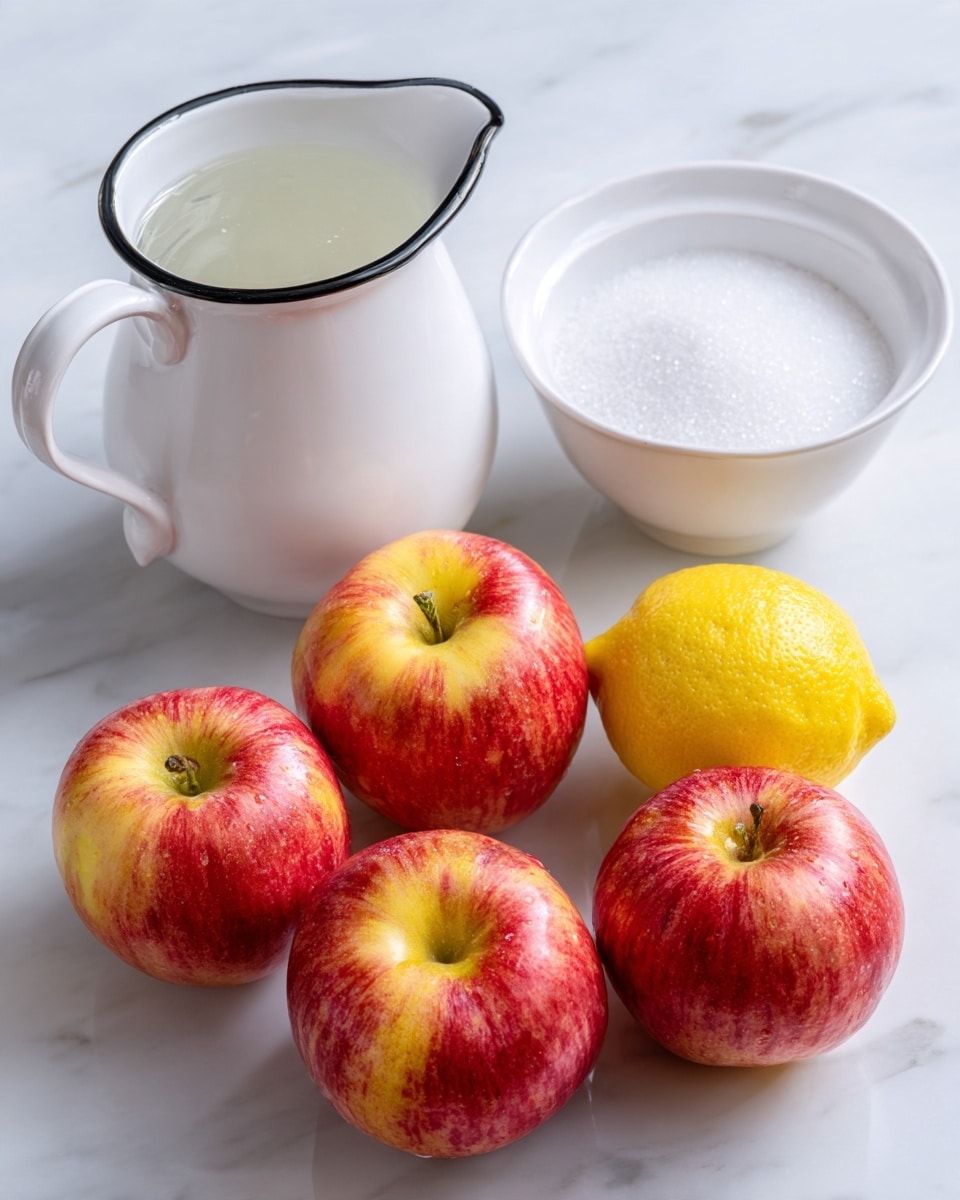 The image shows five red and yellow apples grouped near the center, with a bright yellow lemon half placed to their right. Below the apples, there is a white bowl filled with white sugar, showing a fine granulated texture. To the left of the sugar bowl is a white pitcher with a black rim filled with clear water. All items are placed on a light, white marbled surface. photo taken with an iphone --ar 4:5 --v 7