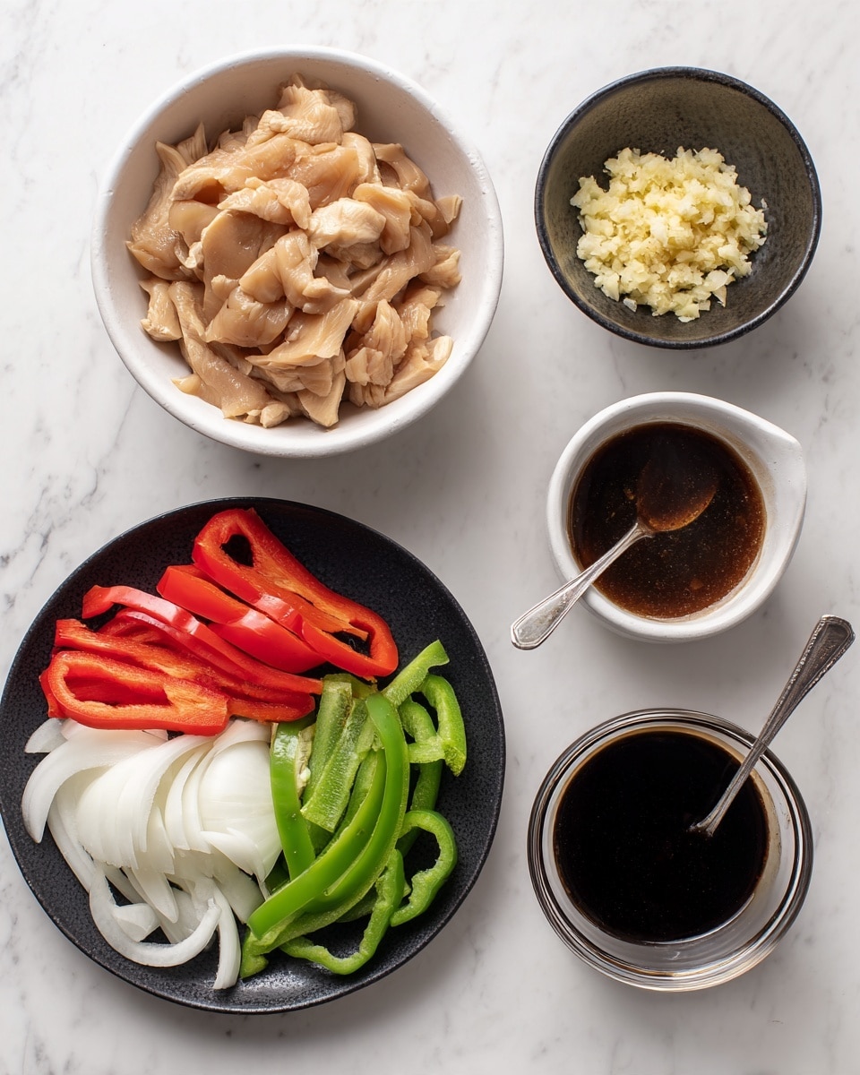 The image shows four white bowls and plates arranged on a white marbled surface. The top left white bowl is filled with light brown raw chicken slices soaked in marinade. Next to it on the right, a small black bowl holds chopped light yellow garlic and ginger mix. Below that, a clear glass bowl contains a dark brown sauce with a silver spoon in it. At the bottom, a black plate holds three sections of sliced vegetables: white onion slices, bright red bell pepper strips, and green bell pepper strips. photo taken with an iphone --ar 4:5 --v 7