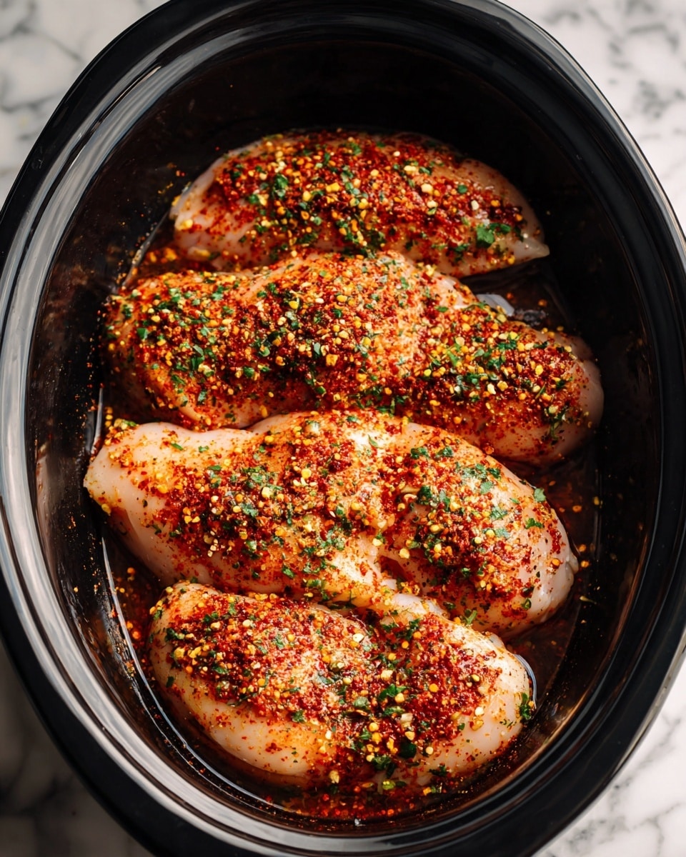 Four raw chicken breasts are laid flat and close to each other in a dark oval slow cooker. Each piece is covered evenly with a layer of red and orange spices, mixed with specks of yellow and green herbs. The texture of the chicken smooth and moist under the seasoning. The slow cooker sits on a white marbled surface. photo taken with an iphone --ar 4:5 --v 7