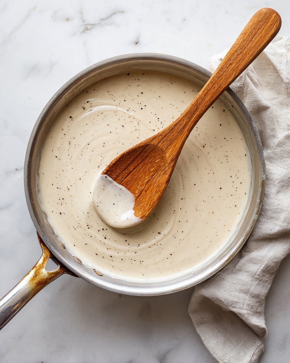 A top view of a silver pan with light beige creamy sauce inside, showing small black pepper specks scattered throughout. A wooden spatula with a smooth handle lies in the sauce at an angle, partially coated with the sauce. The pan with its shiny metal handle rests on a white marbled surface. photo taken with an iphone --ar 4:5 --v 7