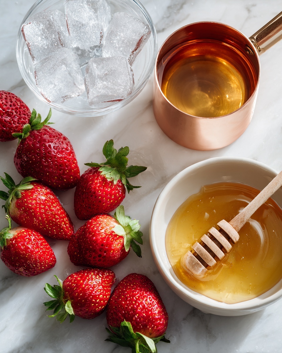 A white marbled surface with a neat diagonal row of bright red strawberries with green tops, each strawberry showing a textured skin with small seeds. In the top left corner, there is a small transparent bowl tipped over spilling large ice cubes. Next to the strawberries, slightly above the middle row, there is a shiny copper measuring cup filled with a light golden syrup. To the right of the measuring cup is a white bowl filled with amber honey, and a wooden honey dipper resting in the bowl, its grooves coated with honey. The scene is bright and clean with soft shadows. Photo taken with an iphone --ar 4:5 --v 7
