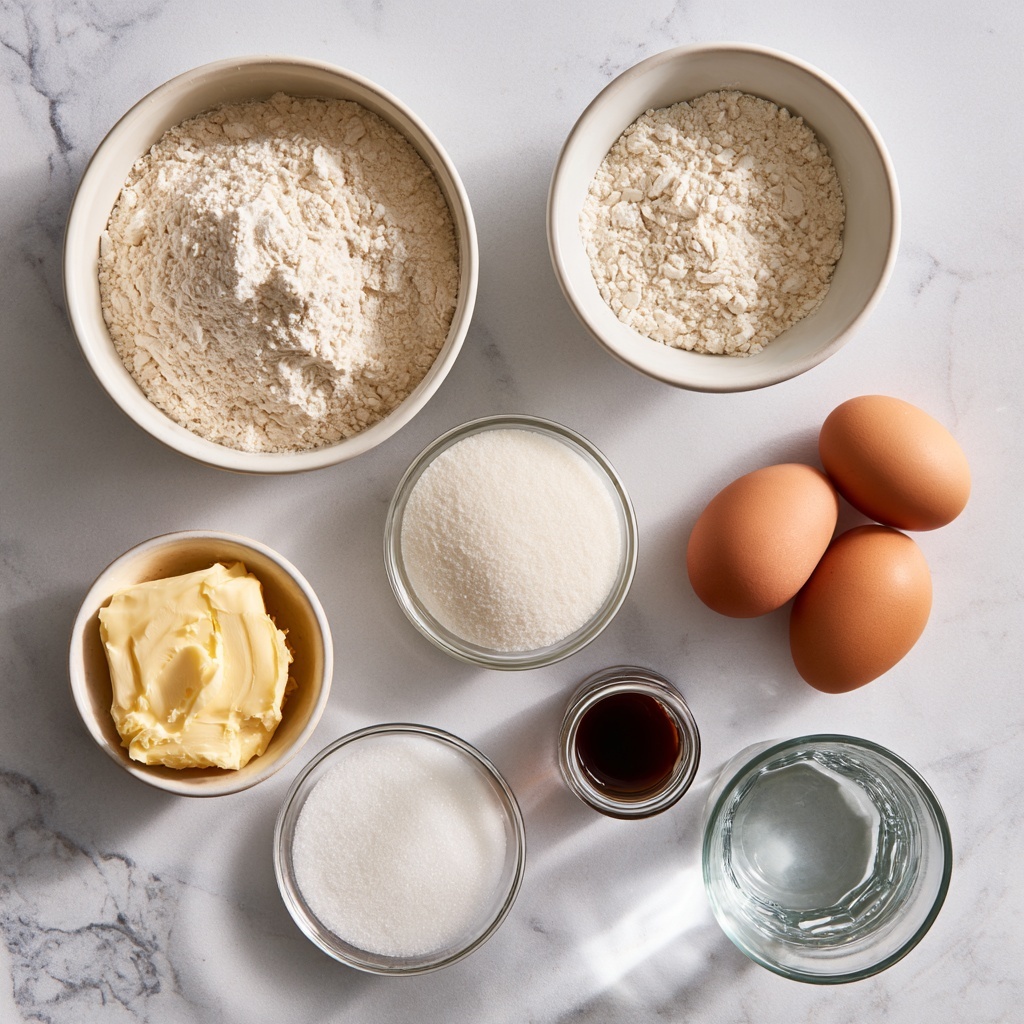 The image shows two mixing bowls on a white marbled surface. On the left, there is a clear white bowl filled with a fine, white powdery substance, most likely flour, with a silver whisk resting inside it. On the right, a metal mixing bowl contains a thick, pale yellow batter with texture showing soft peaks and swirls, with part of a mixer beater also visible above the bowl. The scene is simple and clean, focusing on the different textures of the ingredients. Photo taken with an iphone --ar 4:5 --v 7