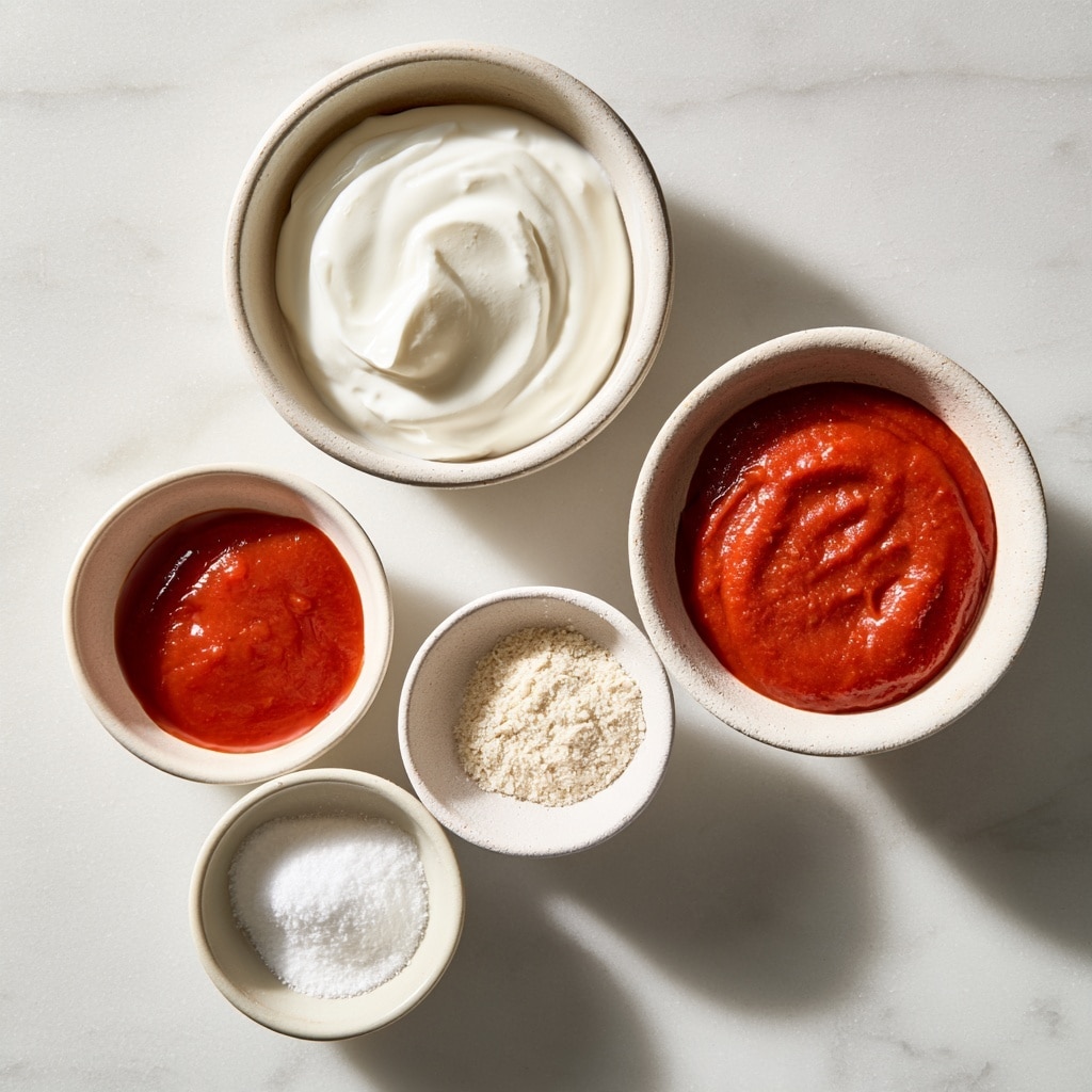 A white bowl holds a three-layered dish starting with a smooth, thick white base resembling yogurt or cream. On top of this base, there is a bright red sauce layer with a slightly shiny texture, spread unevenly in the middle. The top layer is a light yellow powder sprinkled over the red sauce and some parts of the white base, giving a grainy texture. The bowl sits on a table with a white marbled surface. photo taken with an iphone --ar 4:5 --v 7