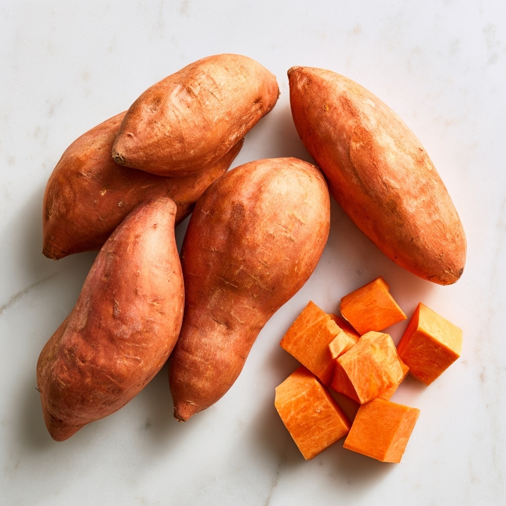 A white bowl filled with many pieces of chopped orange sweet potato. The pieces vary in shape and size, some are rectangular, some are more rounded, and they have a smooth texture. The bowl is placed on a white marbled surface, with soft natural light casting gentle shadows. The arrangement looks simple and fresh, with the bright orange color standing out against the white bowl and background. photo taken with an iphone --ar 4:5 --v 7