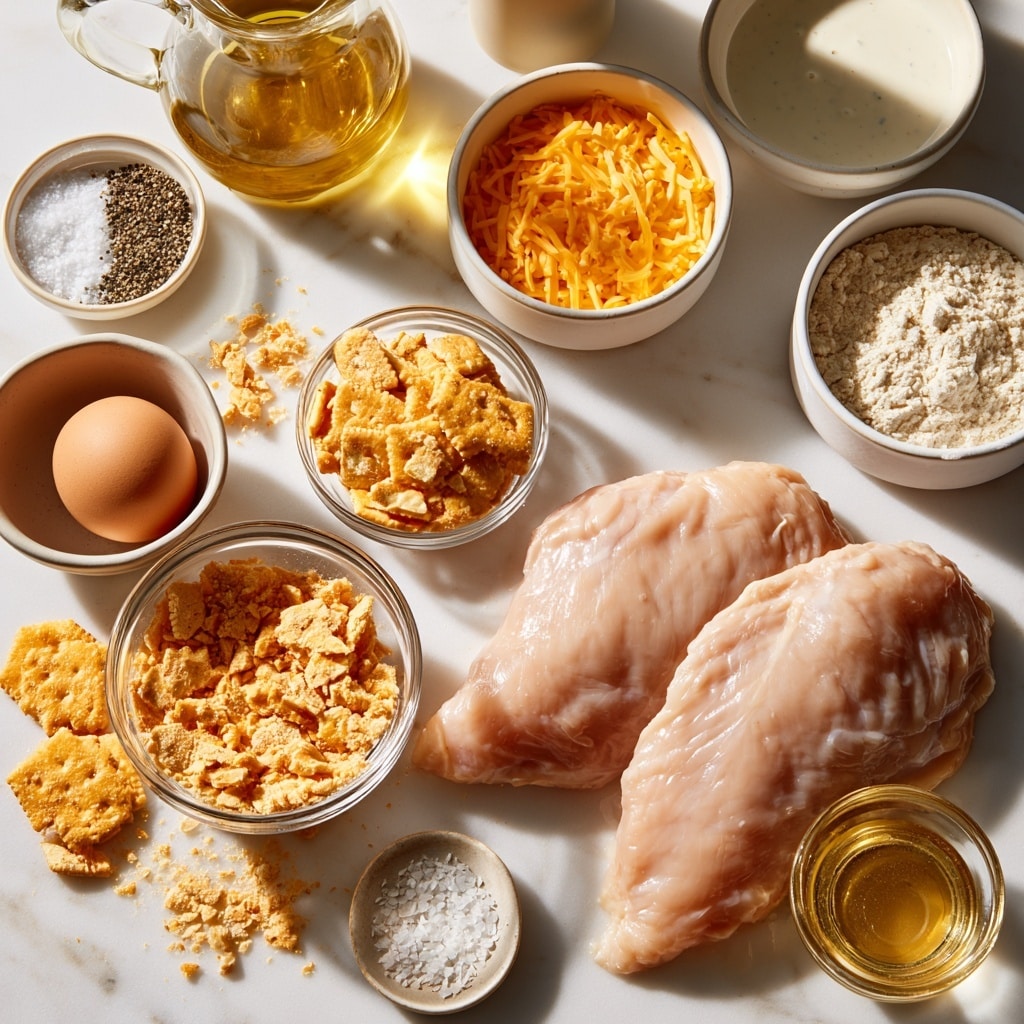 The image shows two close-up shots stacked vertically. The top part displays a single raw chicken piece placed in a shallow white bowl filled halfway with a creamy yellow mixture with visible black pepper specks, creating a smooth, wet texture around the chicken. The second part shows the same chicken piece coated with the yellow mixture being pressed into a layer of golden crushed crumbs inside a shallow white bowl, with the crumbs textured and unevenly spread. The white marbled surface surrounds the bowls. photo taken with an iphone --ar 4:5 --v 7