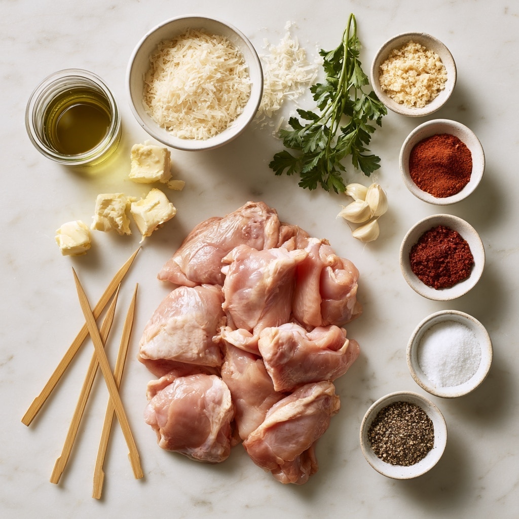 The first layer shows a clear glass bowl filled with raw pale pink chicken pieces, scattered with dark spices like black pepper, red paprika, and a light yellow powder, all sitting on a white marbled surface. The second layer features four wooden skewers lined up horizontally on a black stone board, each skewer loaded with marinated chicken pieces, which are orange-red in color and appear glossy, showing the spice mix clearly on the meat. The background is a white marbled surface. photo taken with an iphone --ar 4:5 --v 7