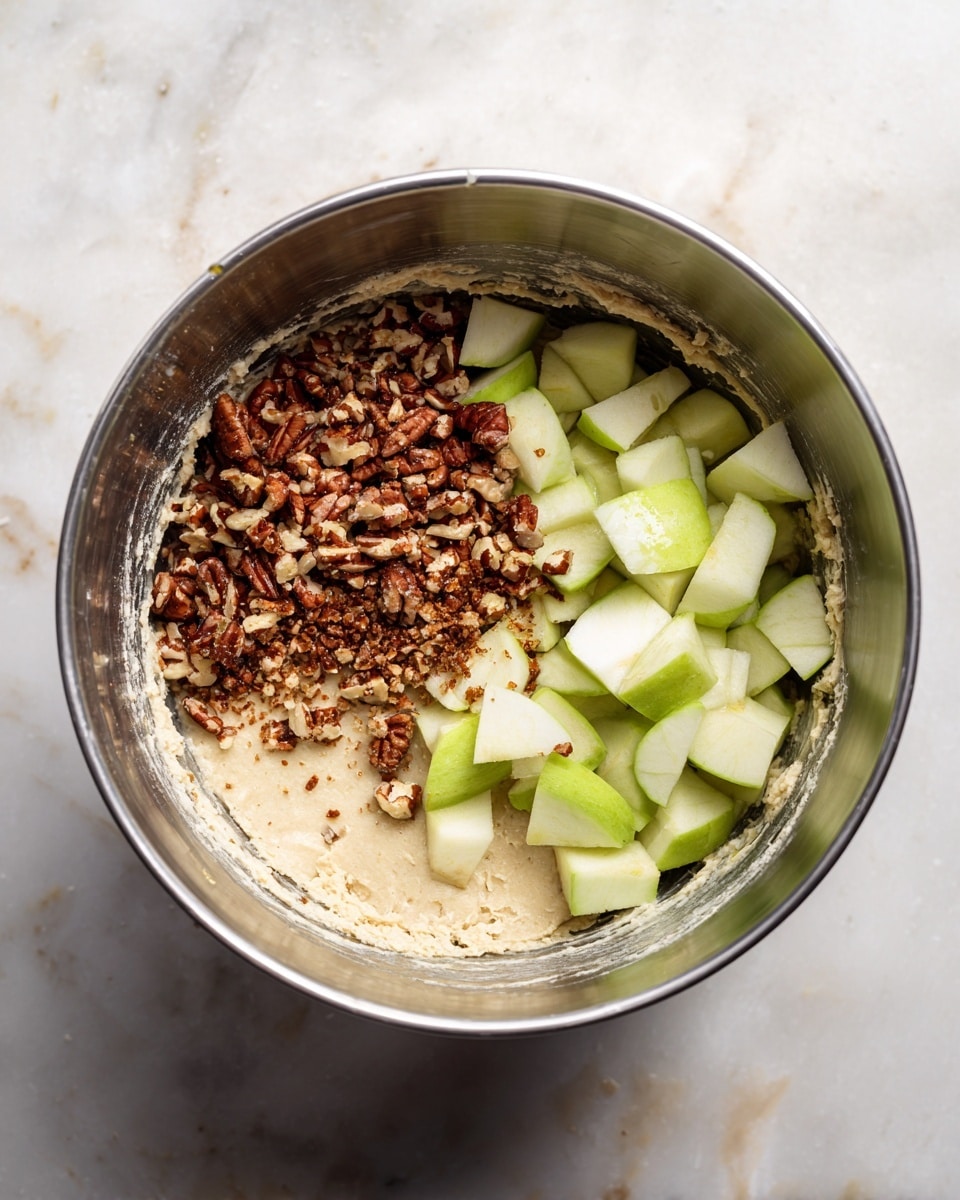 The image shows a white plate with three square pieces of a crumbly dessert that has a light brown, slightly golden top sprinkled with pecan pieces. The dessert has a dense, textured surface with visible chunks inside. To the right of the squares, there are five thin slices of red apple arranged in a neat fan shape, showing their pale flesh and red skin edges. The plate sits on a white marbled surface with two cinnamon sticks placed just below it and a blue-striped cloth peeking into the corner. photo taken with an iphone --ar 4:5 --v 7