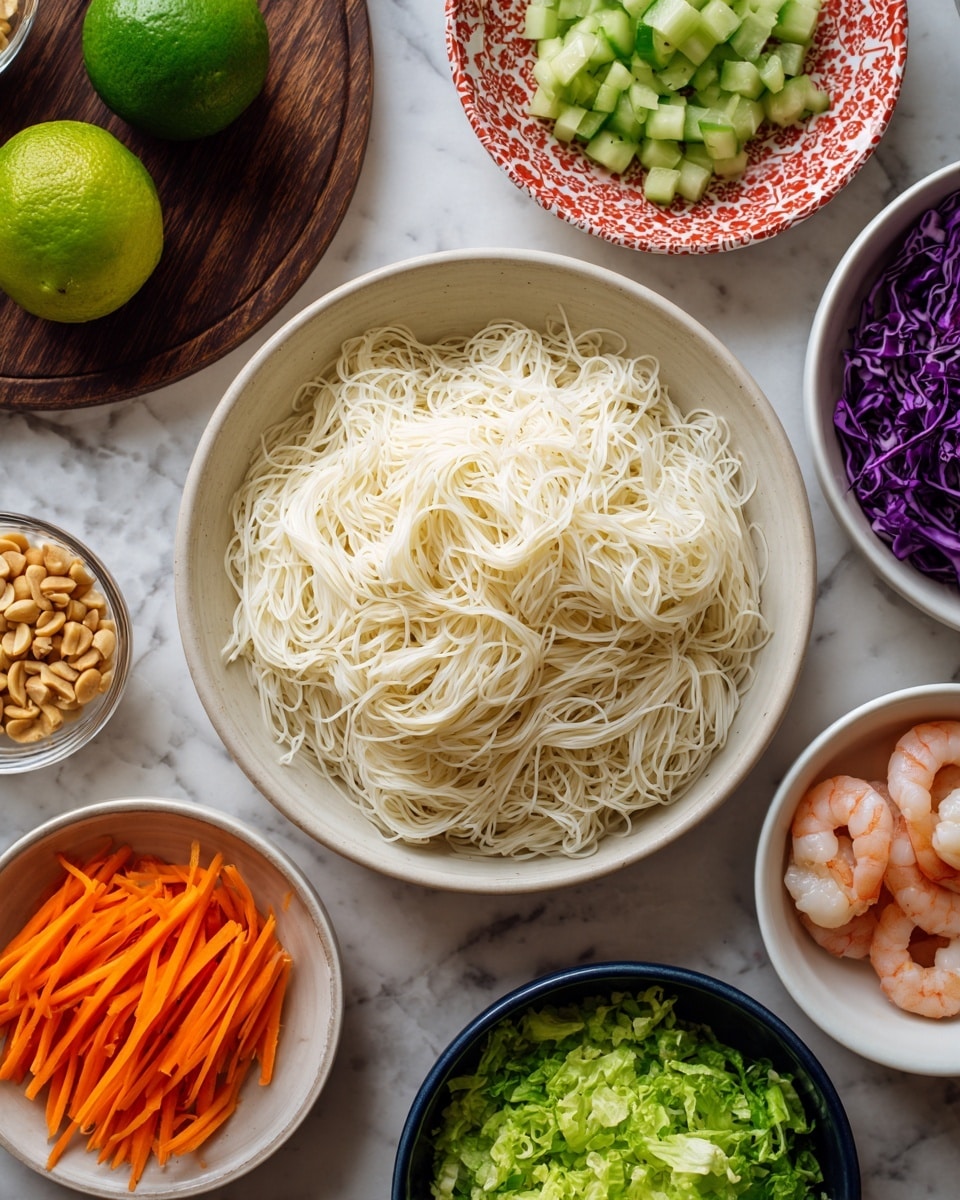 A large white bowl filled with a pile of thin white noodles is in the center on a white marbled surface. Surrounding it are several smaller white bowls with different ingredients neatly placed around: chopped green cucumber in a red patterned bowl at the top, shredded purple cabbage in a white bowl to the right, shredded orange carrots in a small dark blue bowl beneath the cabbage, and peeled shrimp in a white bowl at the bottom right. At the bottom center is a white bowl filled with chopped green lettuce. At the bottom left, a clear bowl holds thin carrot sticks. A dark round wooden tray sits in the top left corner holding a whole green lime, a half lime, and a small orange bowl of peanuts. The scene is light and colorful, arranged neatly with fresh ingredients, photo taken with an iphone --ar 4:5 --v 7