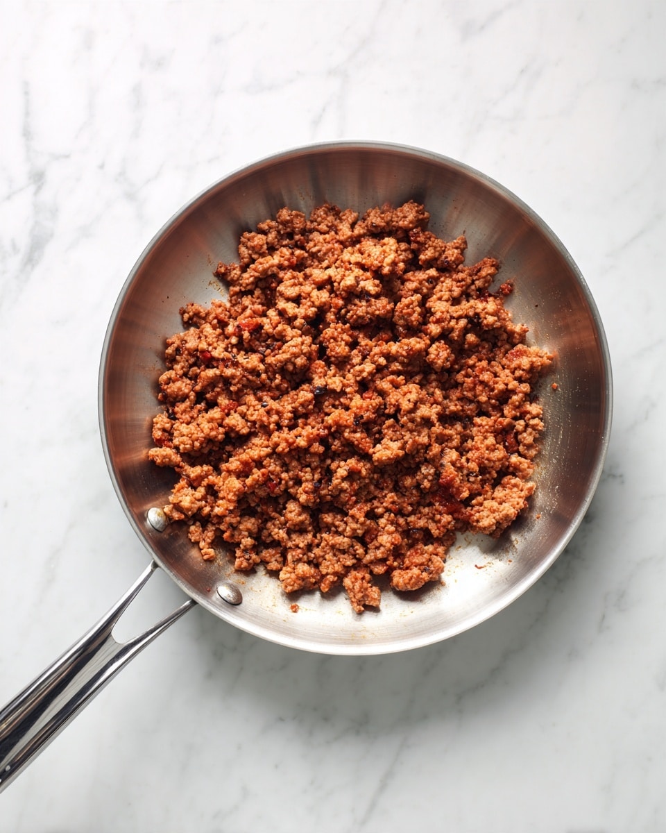 A round silver frying pan filled with cooked ground meat that looks brown and slightly reddish. The meat pieces are small and crumbly, some darker from cooking, spread evenly inside the pan. The pan handle extends downward from the bottom left corner. The pan is placed on a white marbled surface. photo taken with an iphone --ar 4:5 --v 7